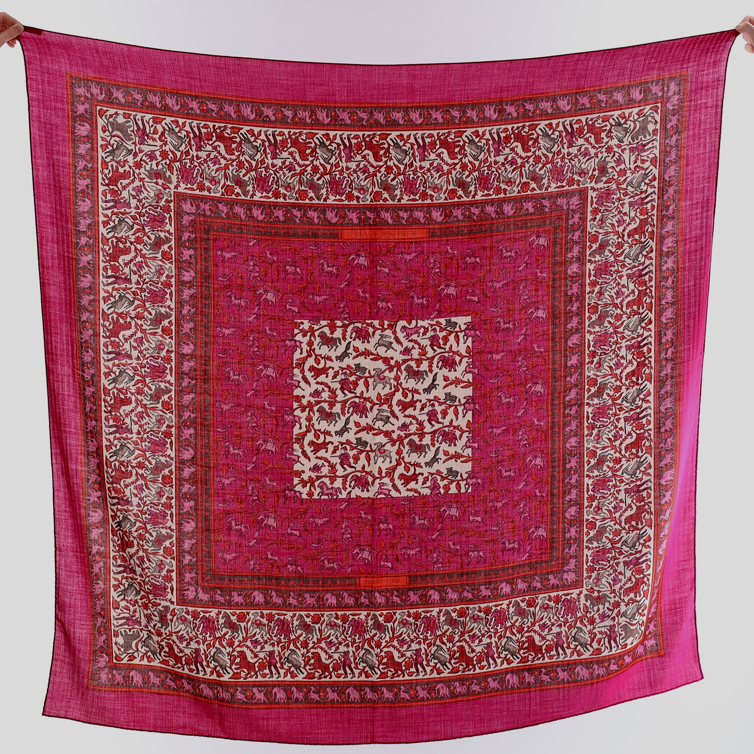 Pristine Hermès Chasse En Inde Cashmere Blend Silk Scarf