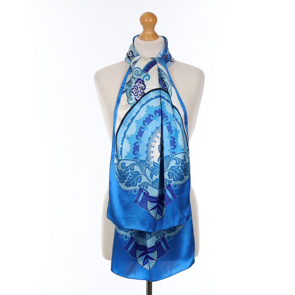 Boxed Wensli Blue And White Patterned Silk Scarf