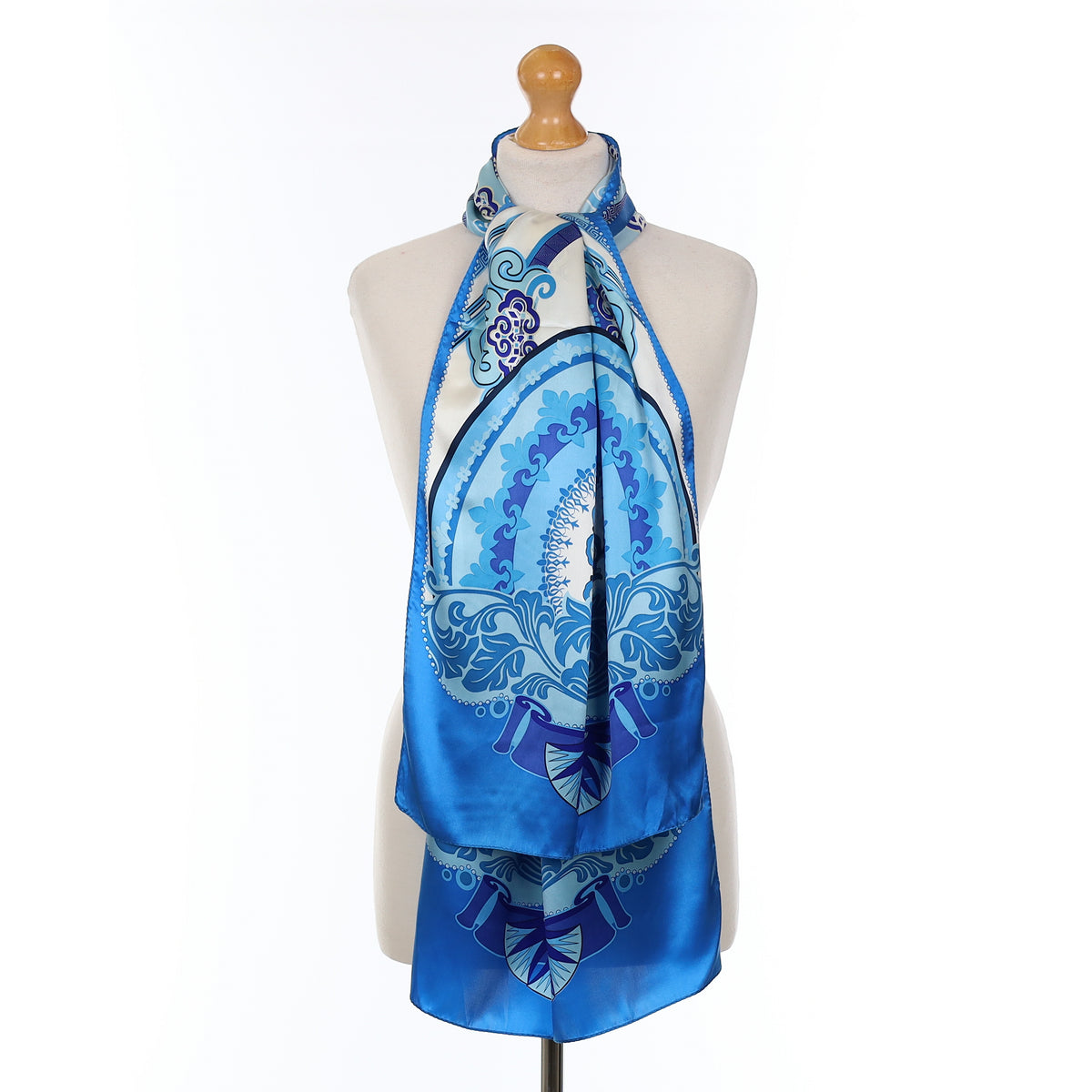Boxed Wensli Blue And White Patterned Silk Scarf