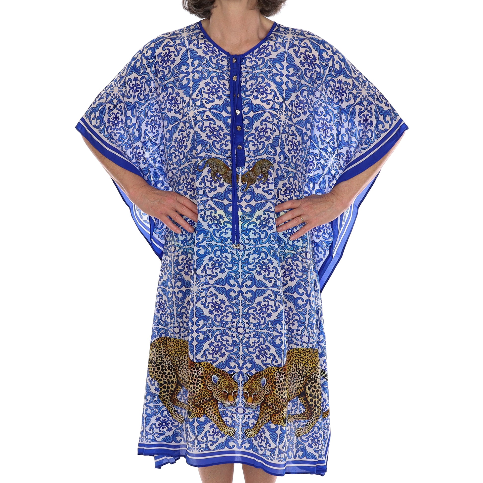 Brand New Bellezza Royal Blue Leopard Safari Silk Kaftan Long DISPATCHED W/C 8th SEPTEMBER