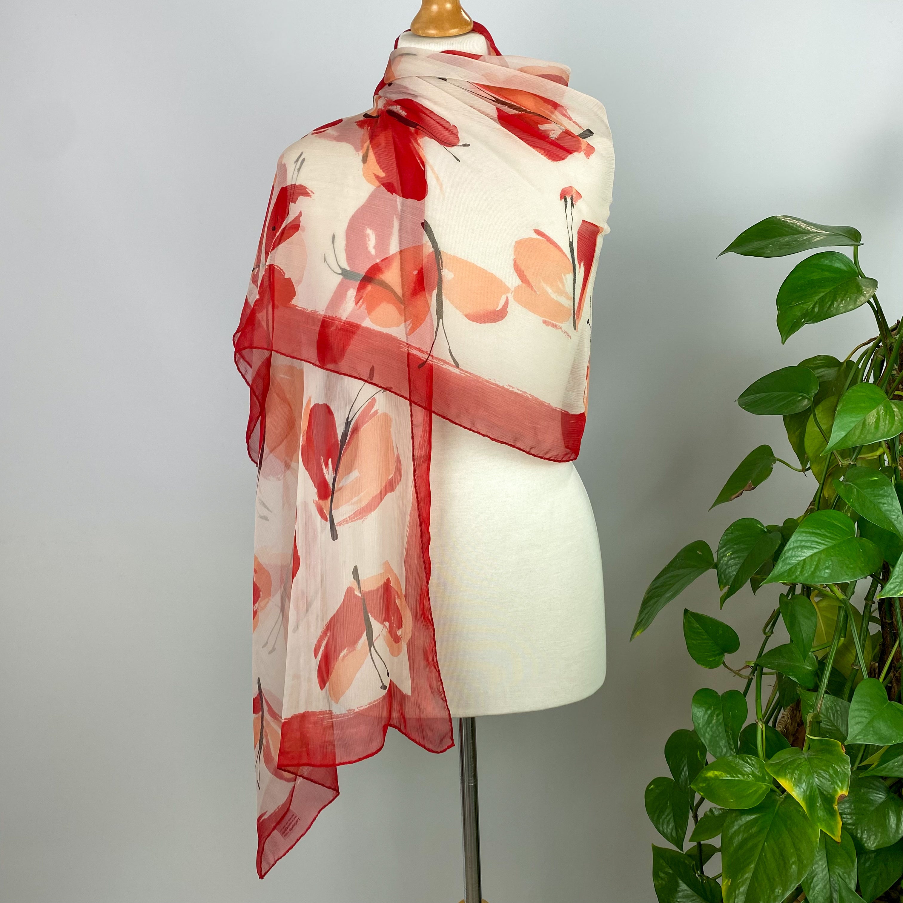 Moschino Red and White Long Silk Scarf