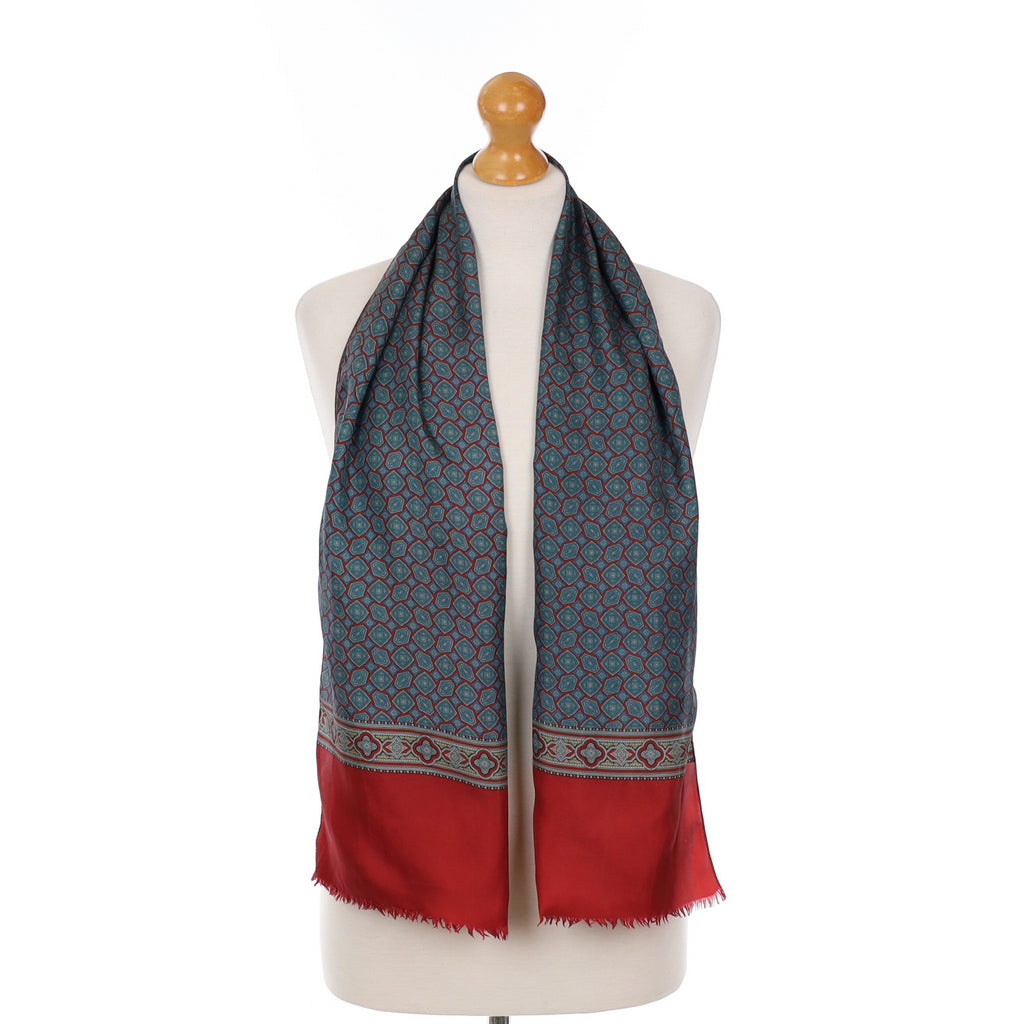 Geometric Red Patterned Long Vintage Silk Scarf