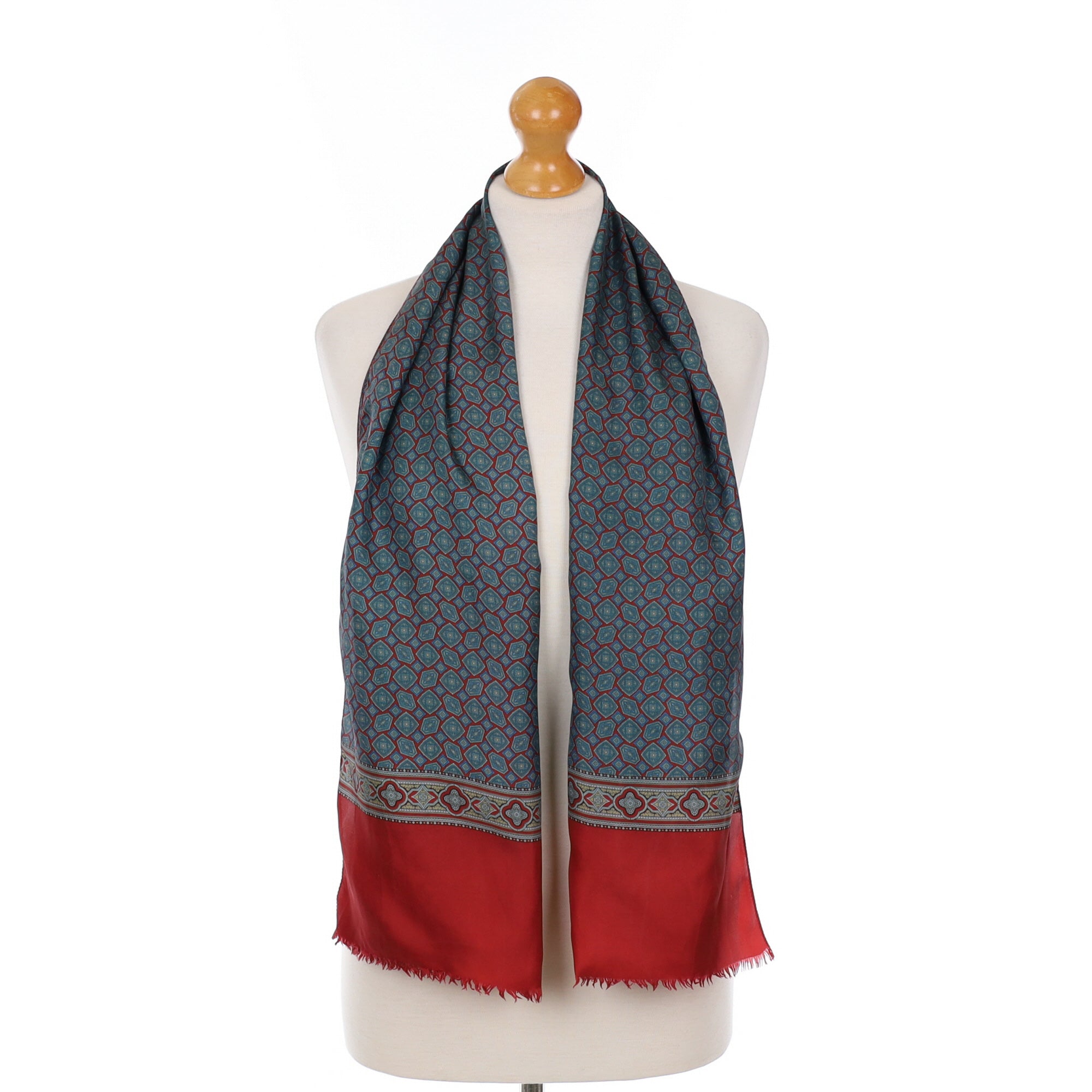 Geometric Red Patterned Long Vintage Silk Scarf