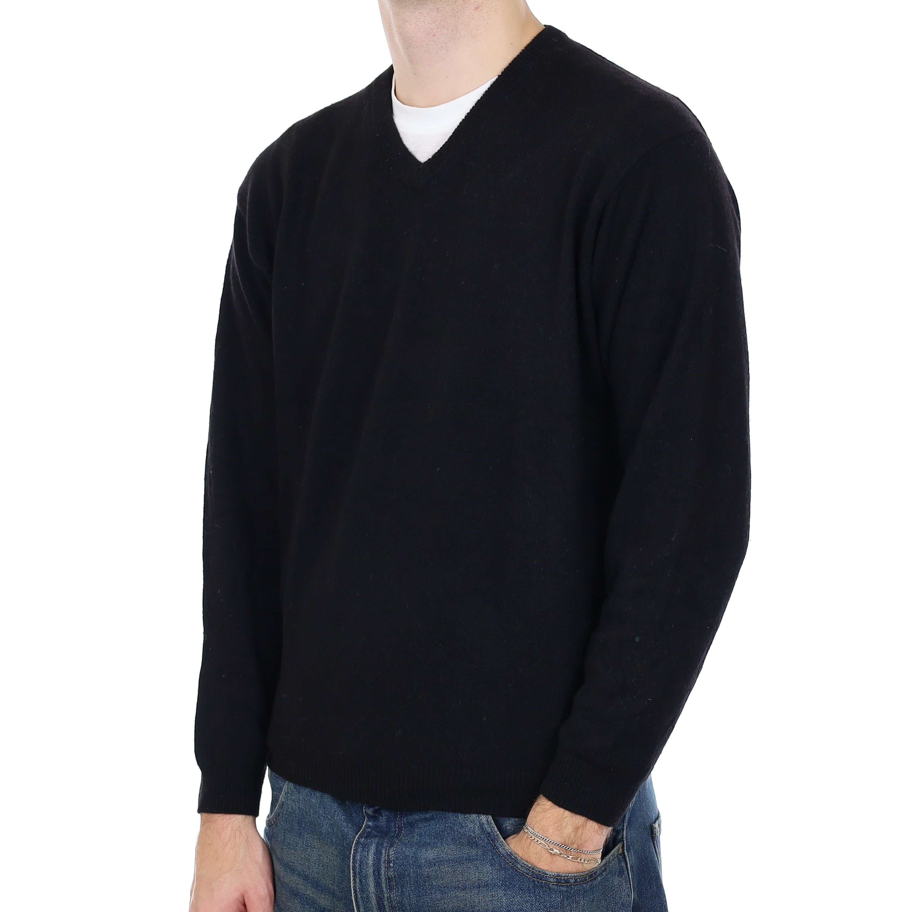 Men’s Black Heavy Knit Cashmere V Neck Jumper Large
