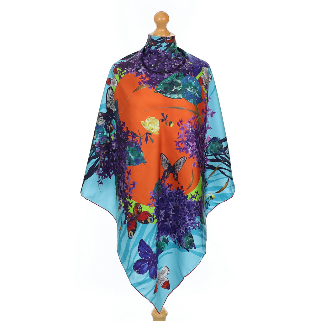 Boxed Olga Nikich Silk Turquoise Botanical Scarf