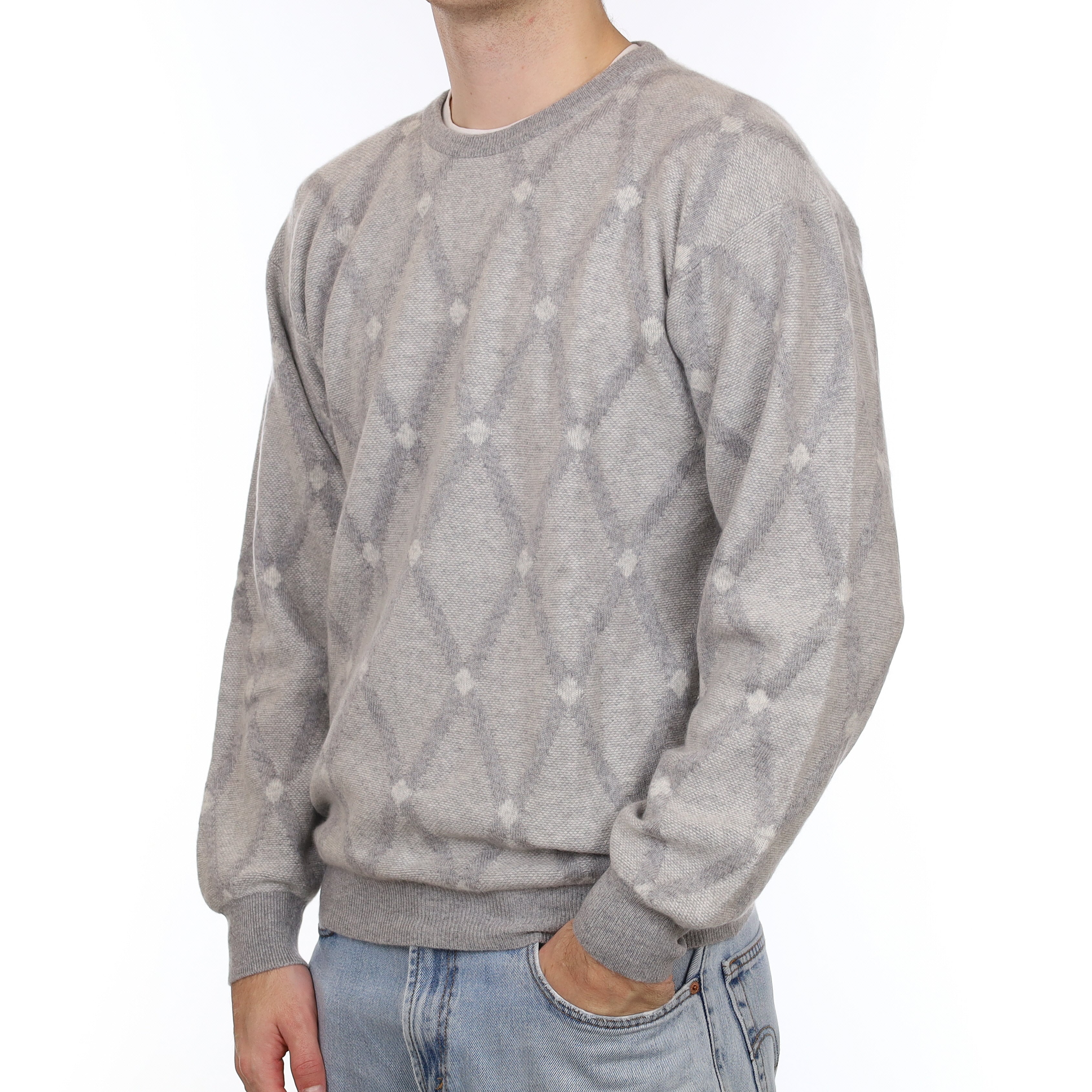 Men's Scottish Scott & Charters Grey Patterned Cashmere Crew Neck Jumper Large