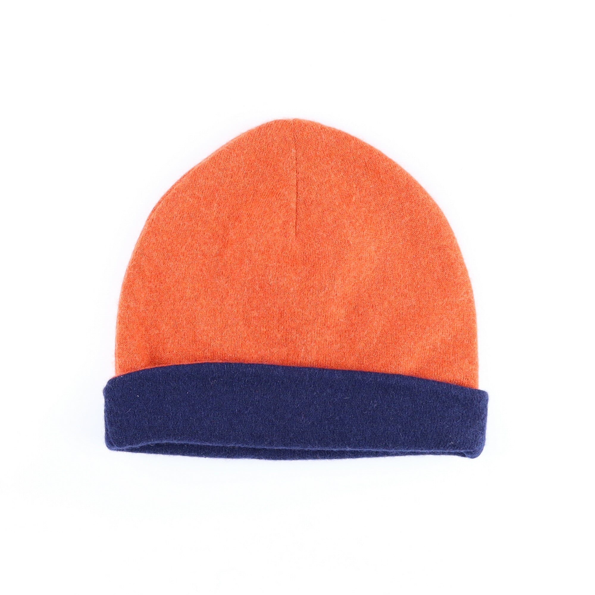 Navy and Burnt Orange Reversible Cashmere Beanie Hat