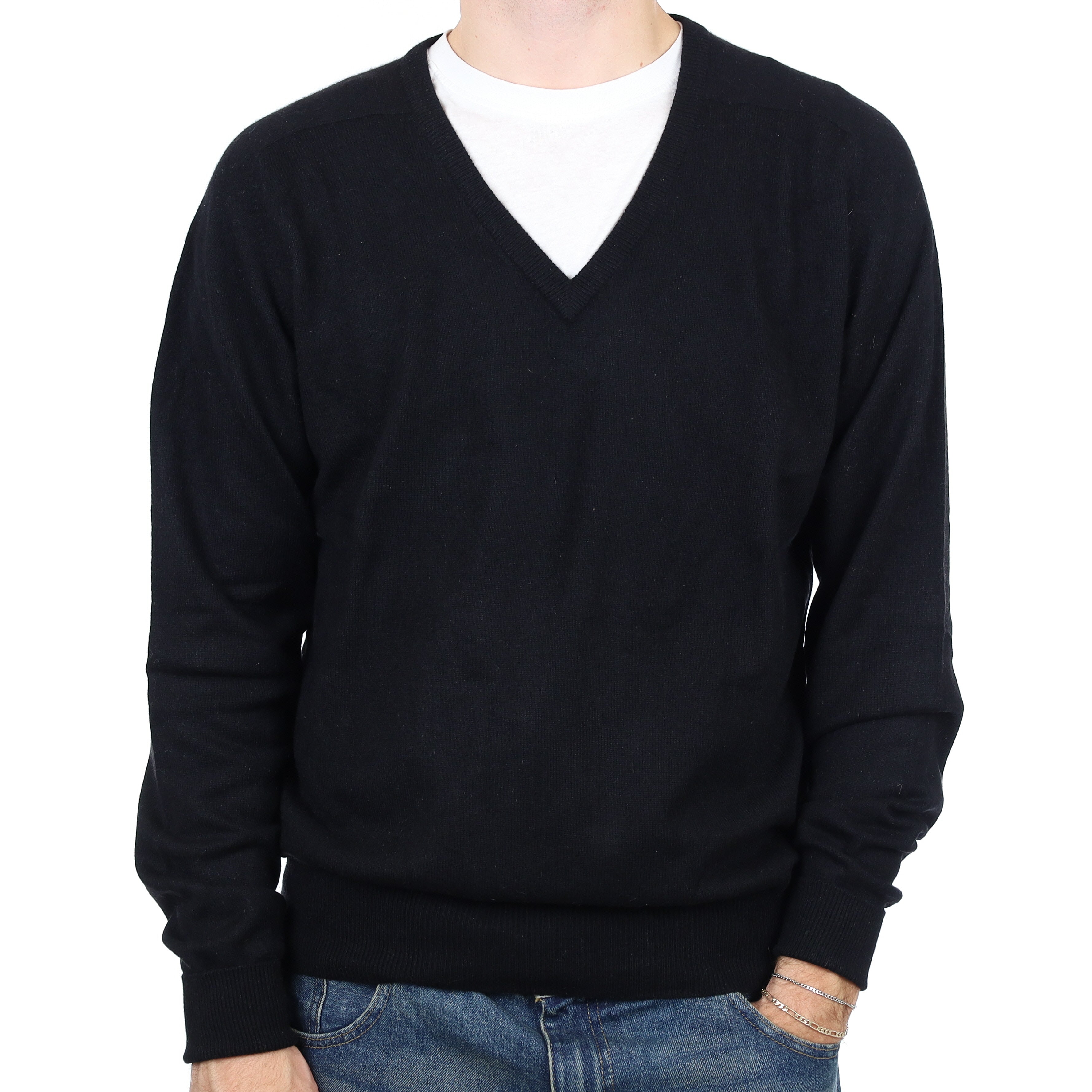 Men’s Black Cashmere V Neck Jumper Large