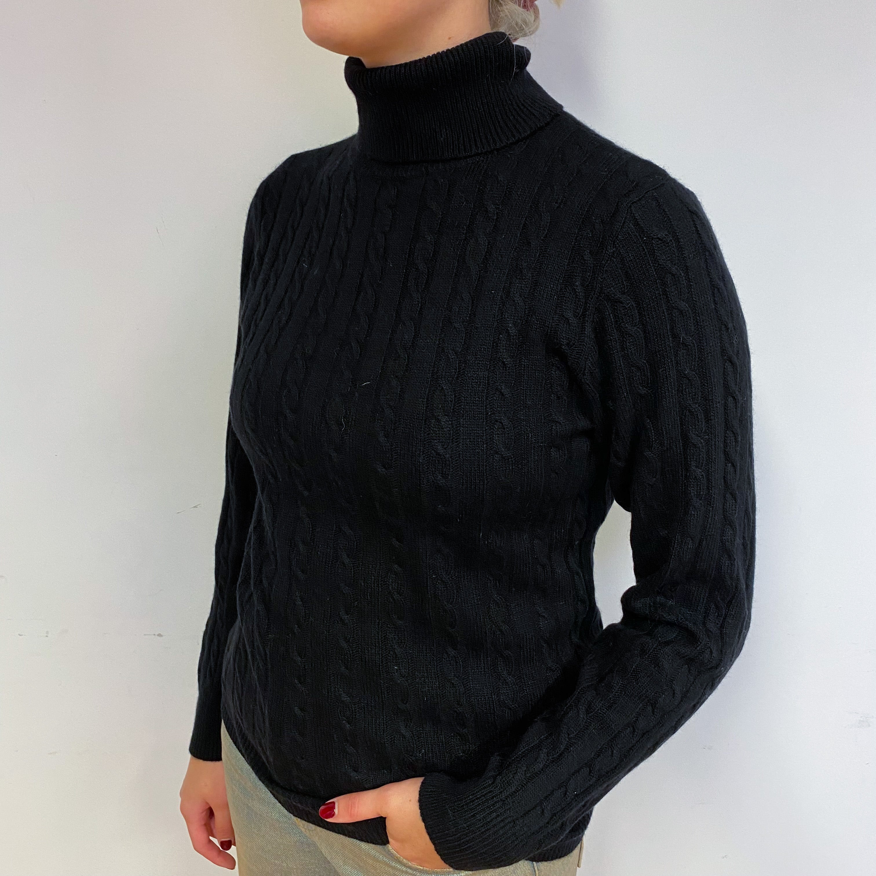Black Cable Cashmere Polo Neck Jumper Small