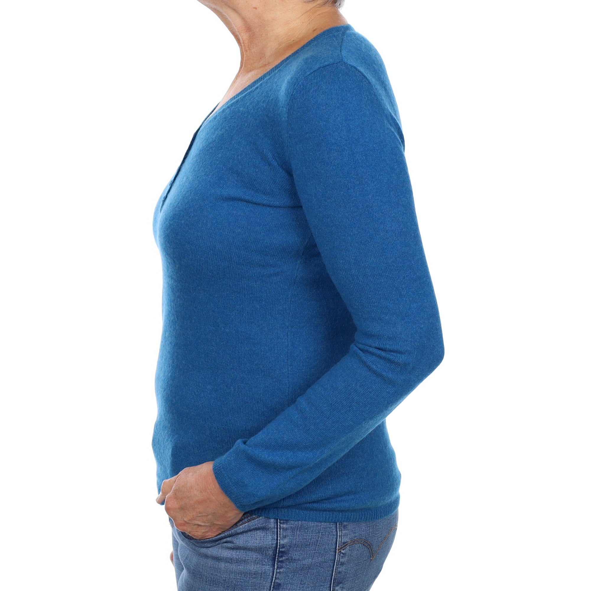 Pacific Blue Cashmere Buttoned V Neck Jumper Medium