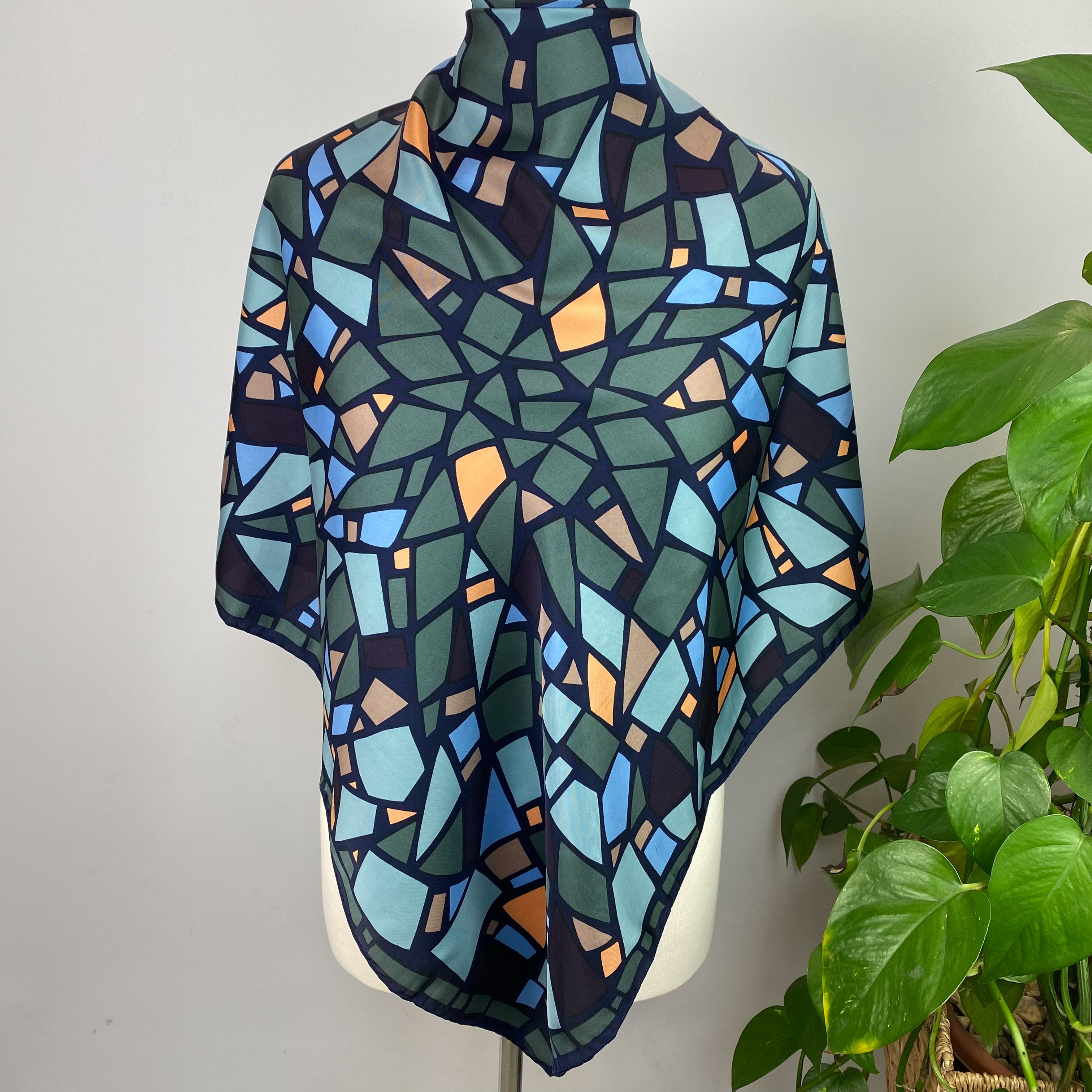 Navy Blue Mosaic Design Vintage Silk Scarf