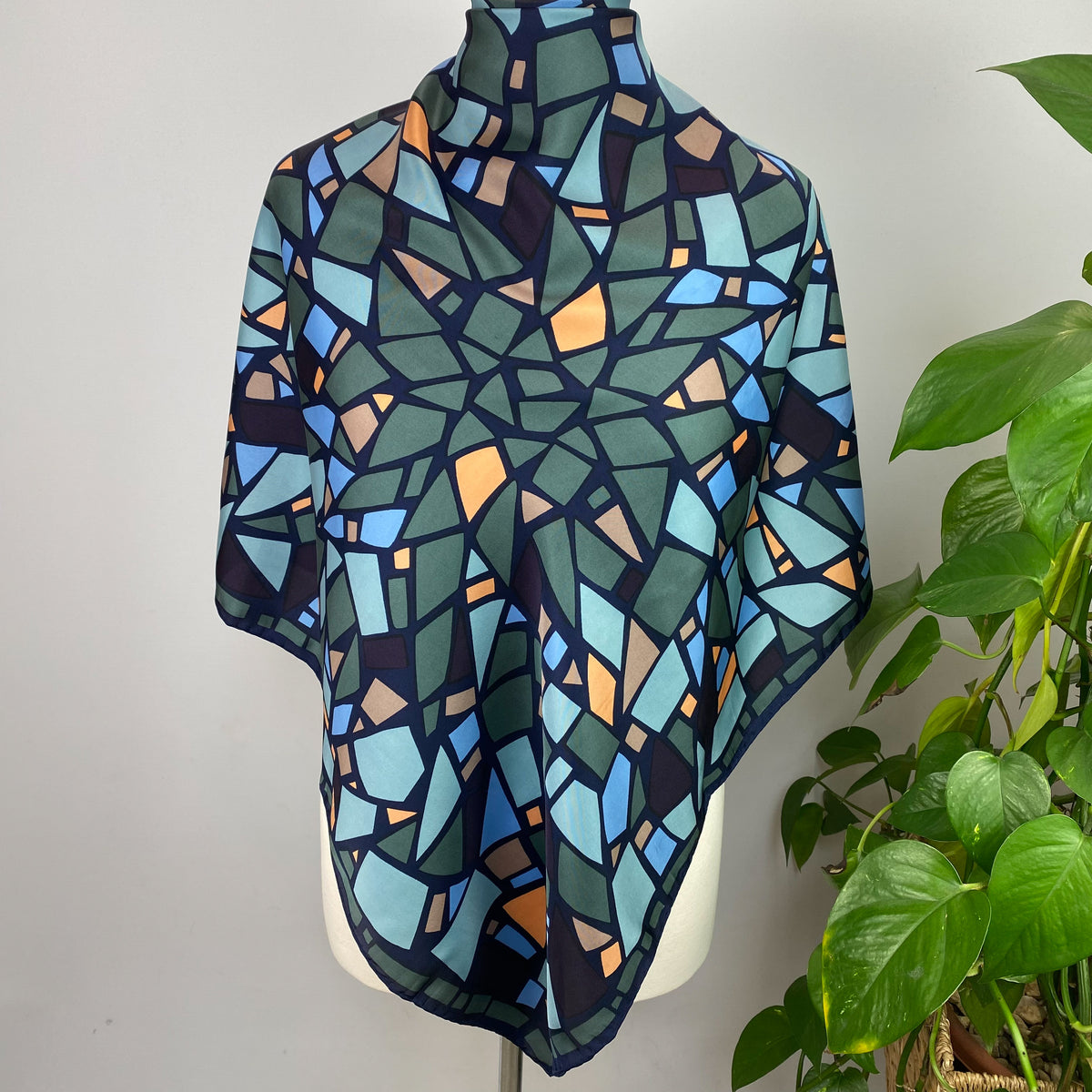 Navy Blue Mosaic Design Vintage Silk Scarf