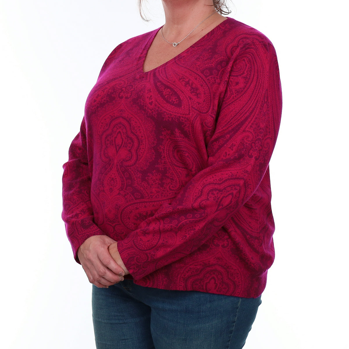 Cherry Pink Paisley Cashmere V Neck Jumper 3XL