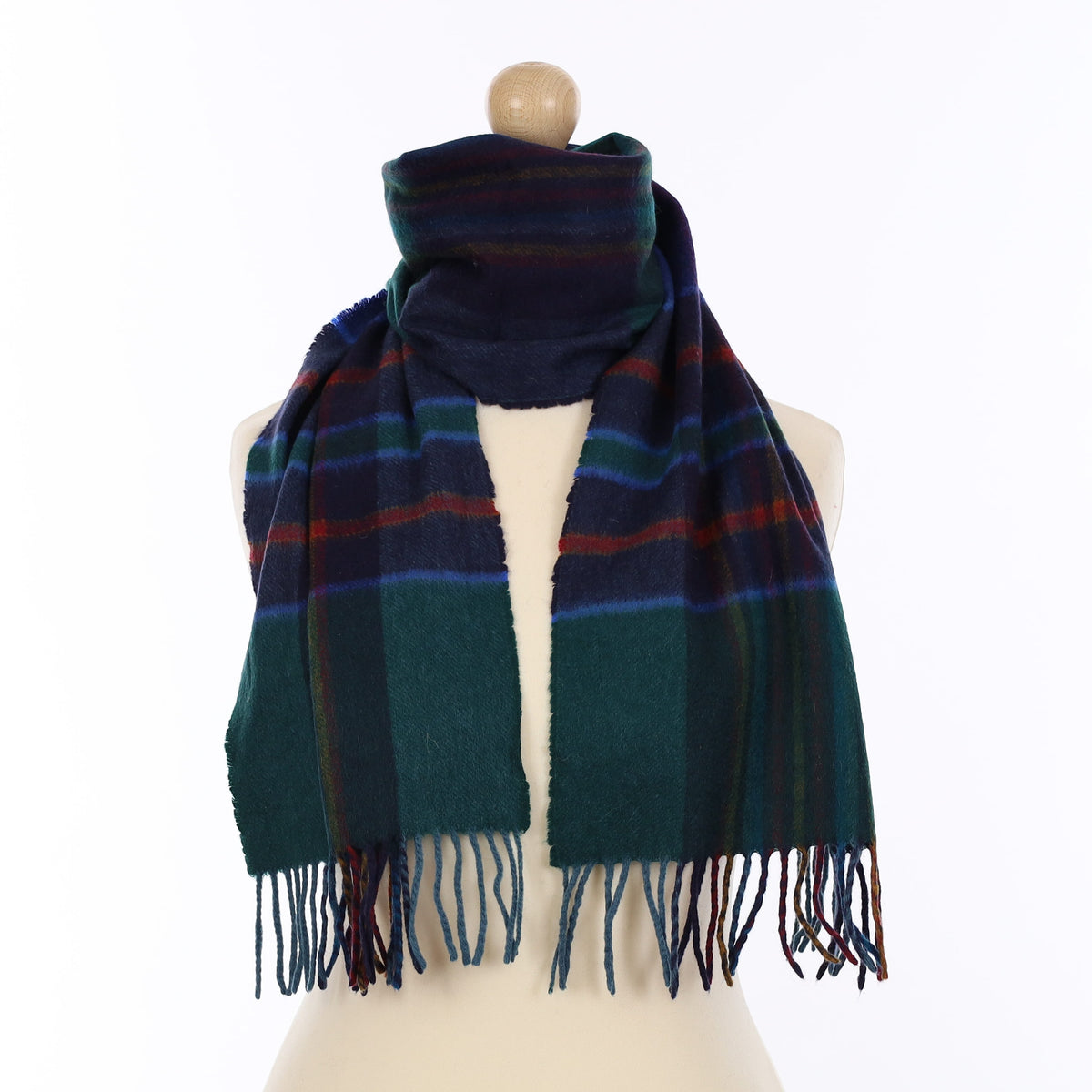 Deep Blue and Green Plaid Cashmere Woven Scarf