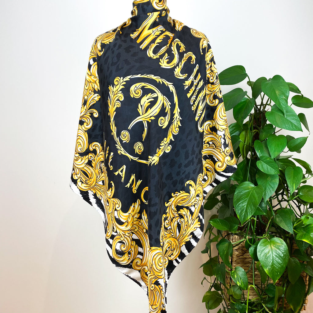 Large Moschino Black and Gold Silk Scarf