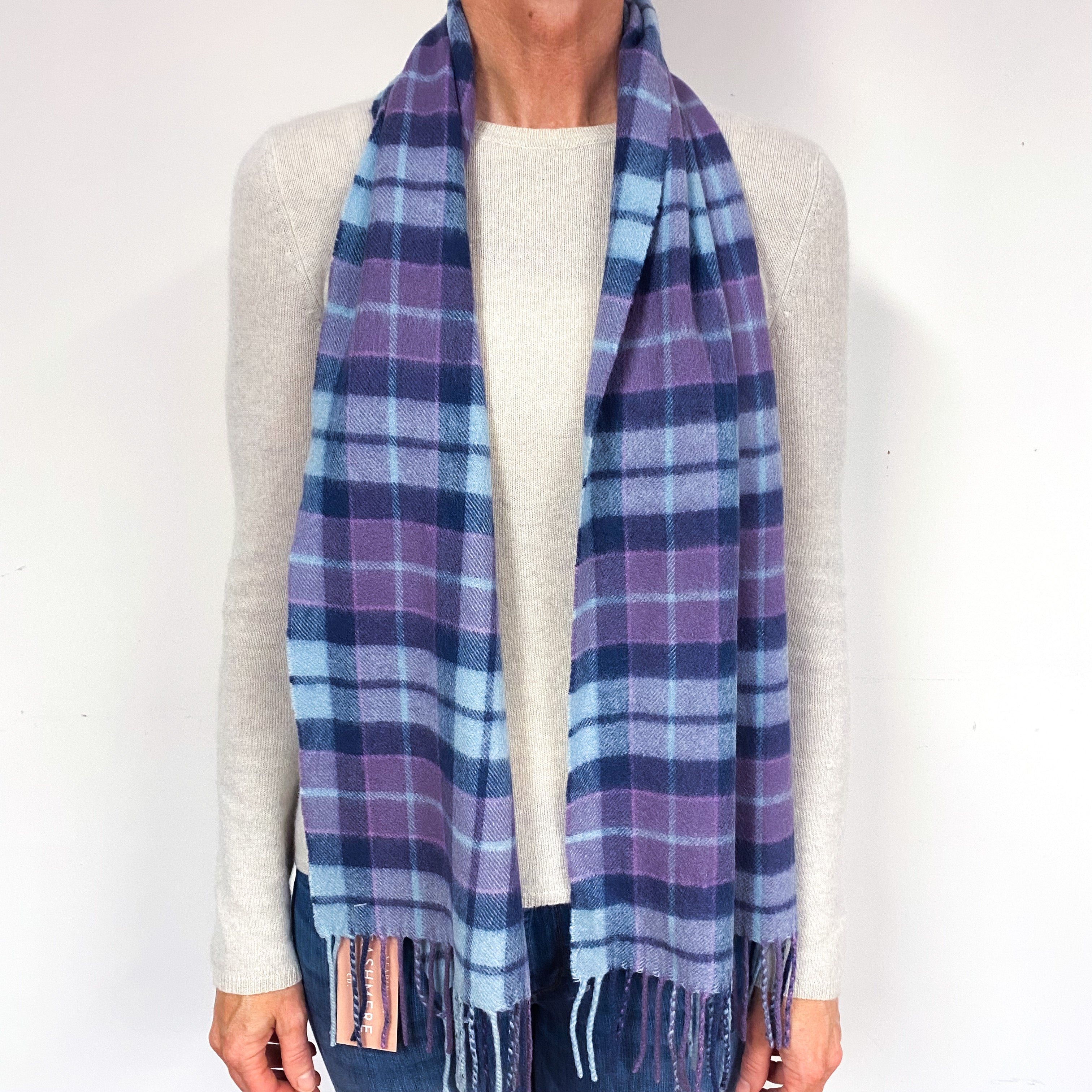 Purple, Navy Blue and Turquoise Tartan Cashmere Fringed Woven Scarf