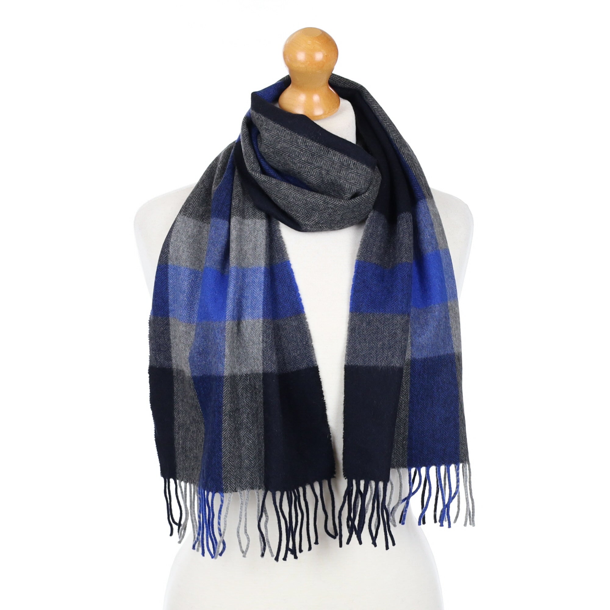 Cobalt Blue and Black Checked Fringed Cashmere Woven Scarf