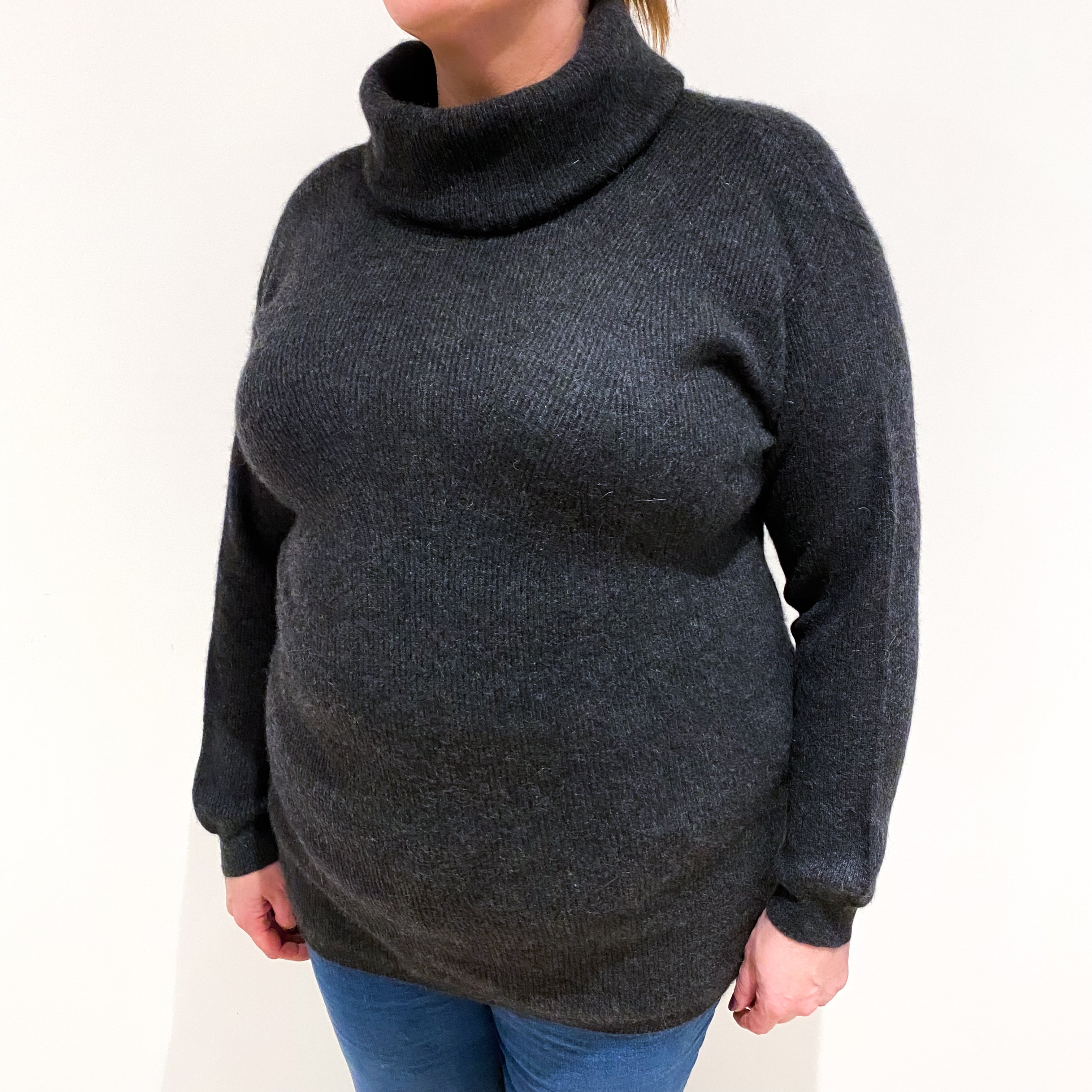 Charcoal Grey Cashmere Cowl Neck Ribbed Knit Jumper Extra Large