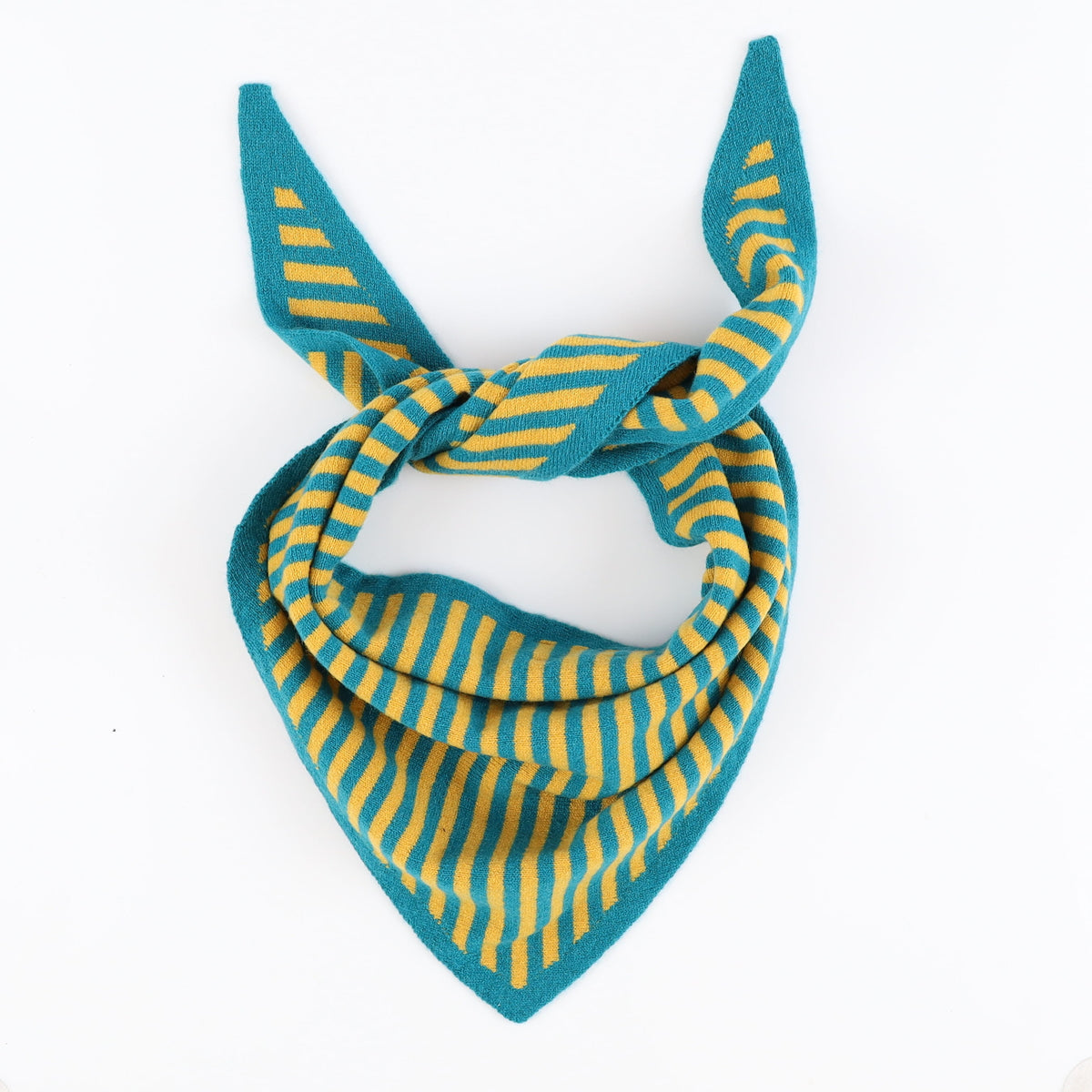 Brand New Teal and Mustard Striped Recycled Cashmere Triangle Scarf