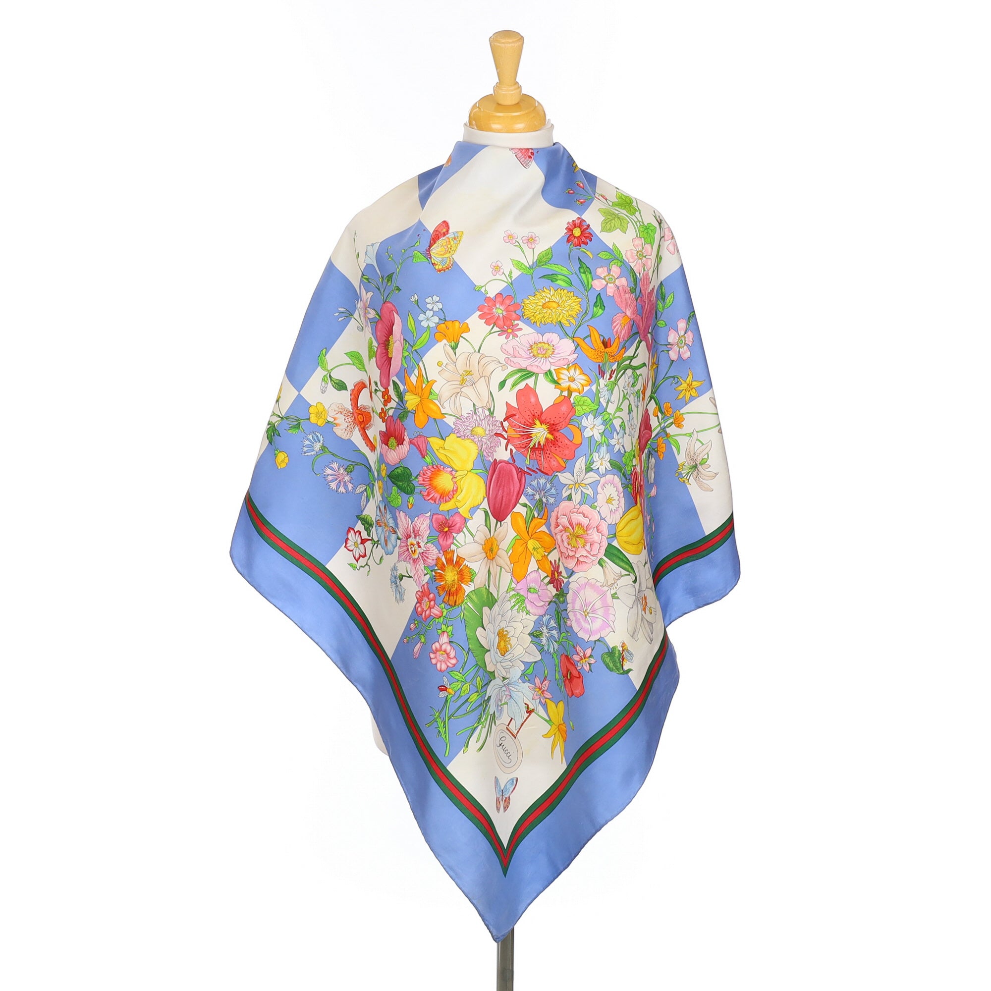 Gucci Vintage Blue, White and Floral Silk Scarf