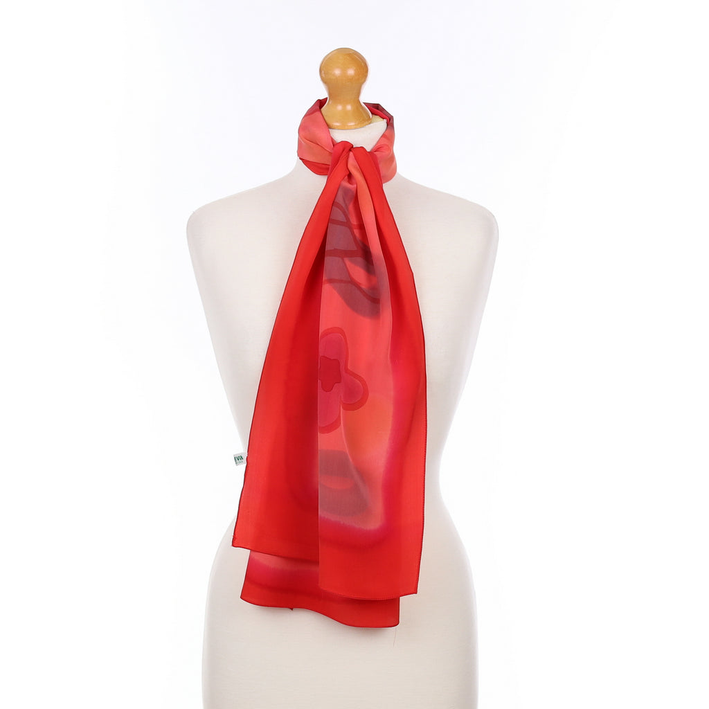 Red Patterned Long Vintage Silk Scarf
