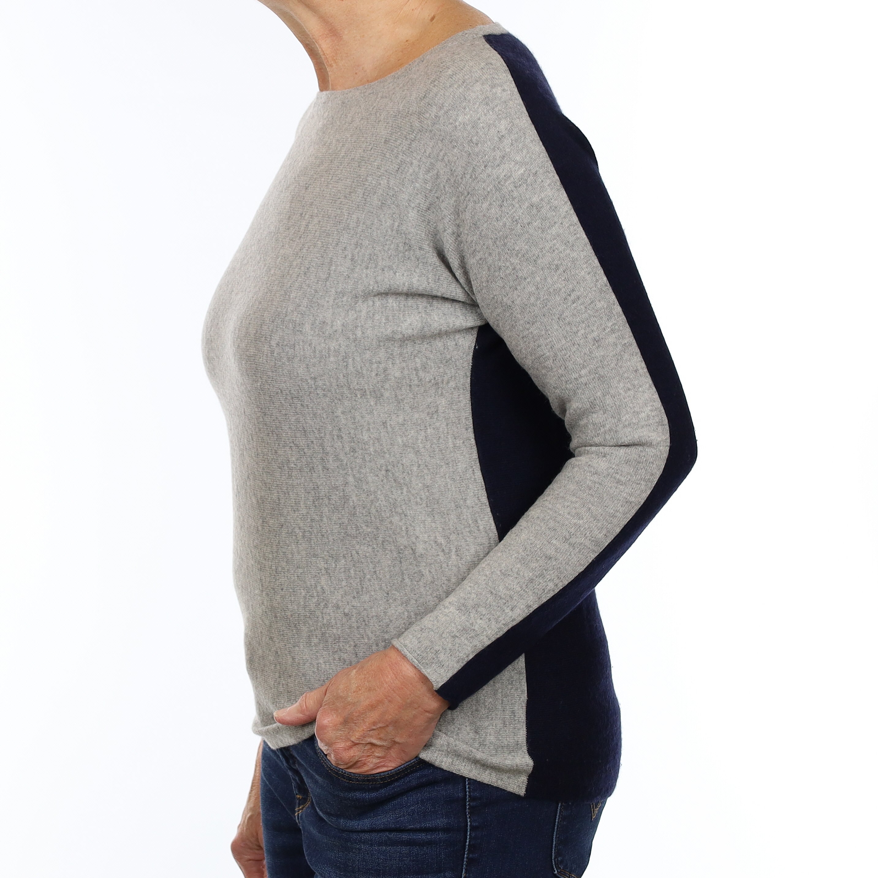 Steel Grey and Navy Cashmere Batwing Crew Neck Jumper Medium