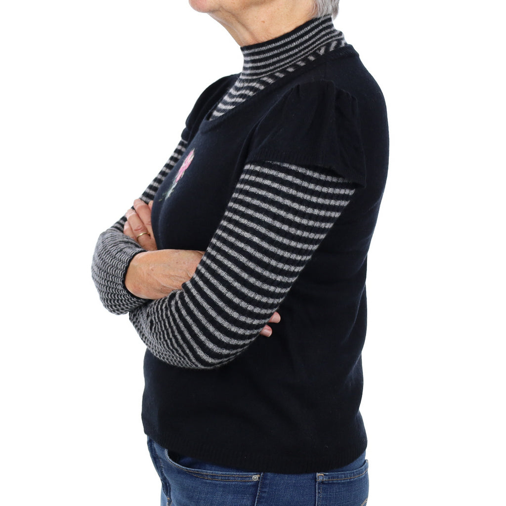 Black Floral Layered Effect Cashmere Turtle Neck Jumper Medium