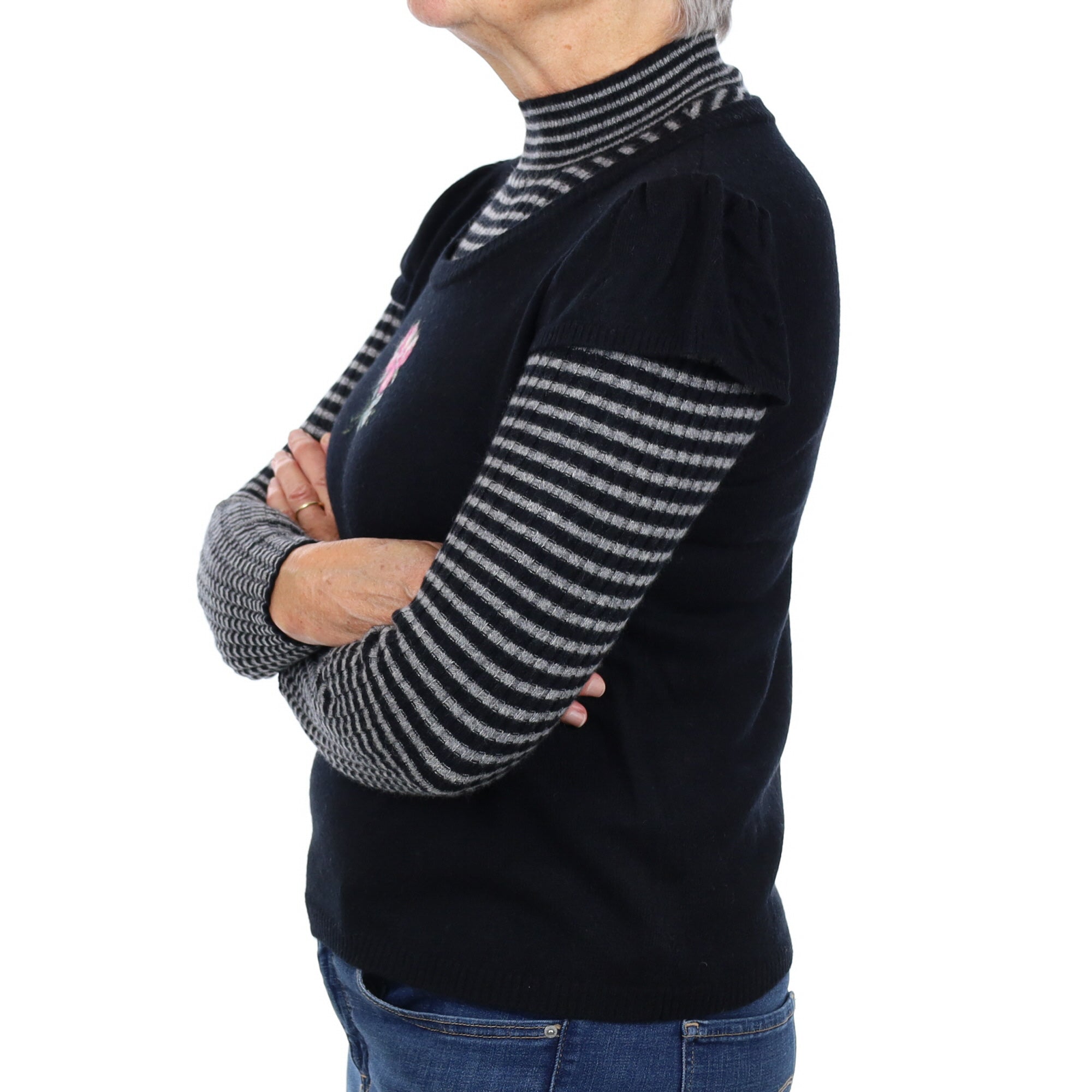 Black Floral Layered Effect Cashmere Turtle Neck Jumper Medium