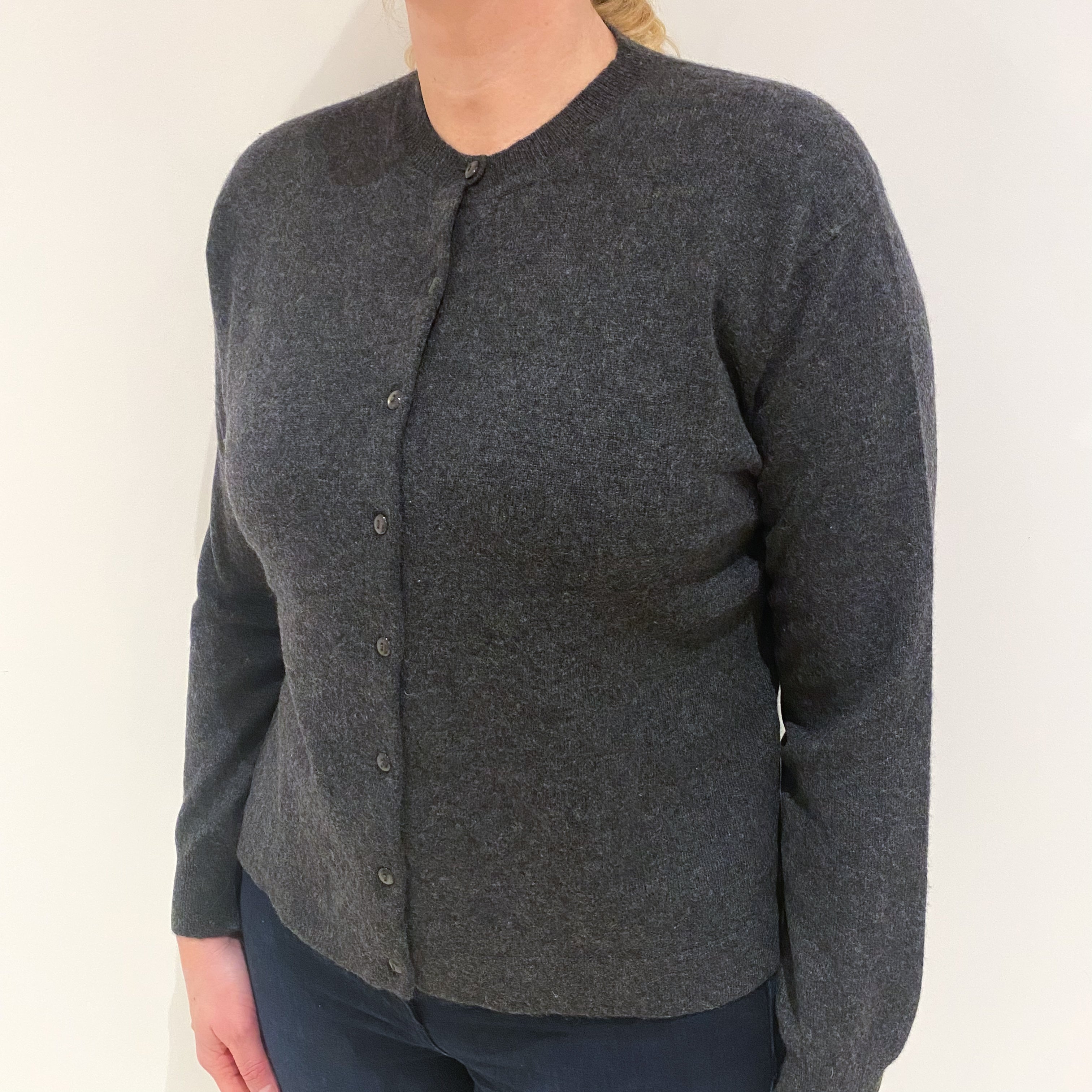 Charcoal Grey Cashmere Crew Neck Cardigan Large