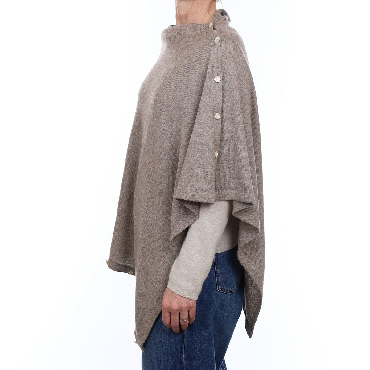 Taupe Brown Cashmere Buttoned Poncho One Size