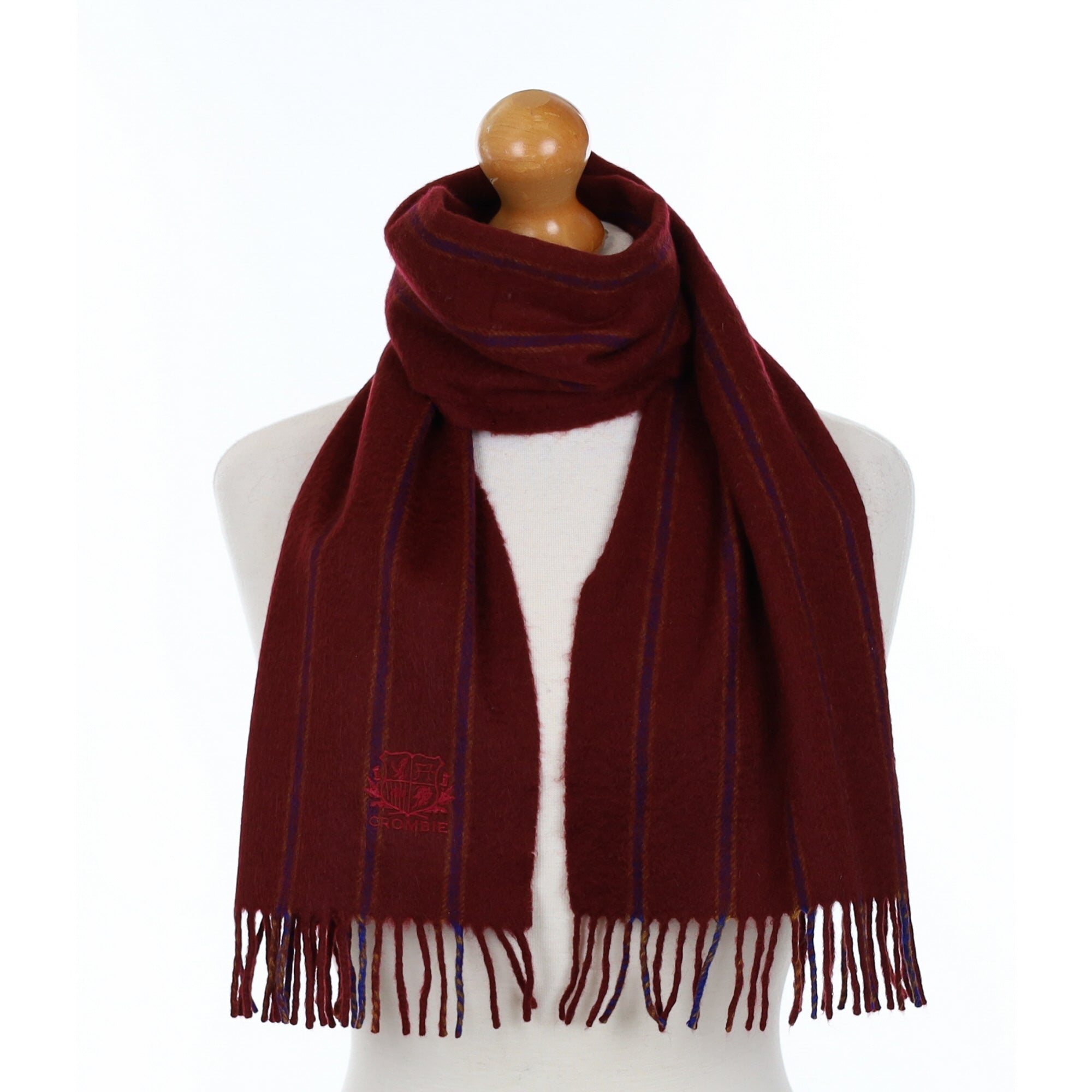 Scottish Crombie Burgundy Striped Cashmere Fringed Woven Scarf