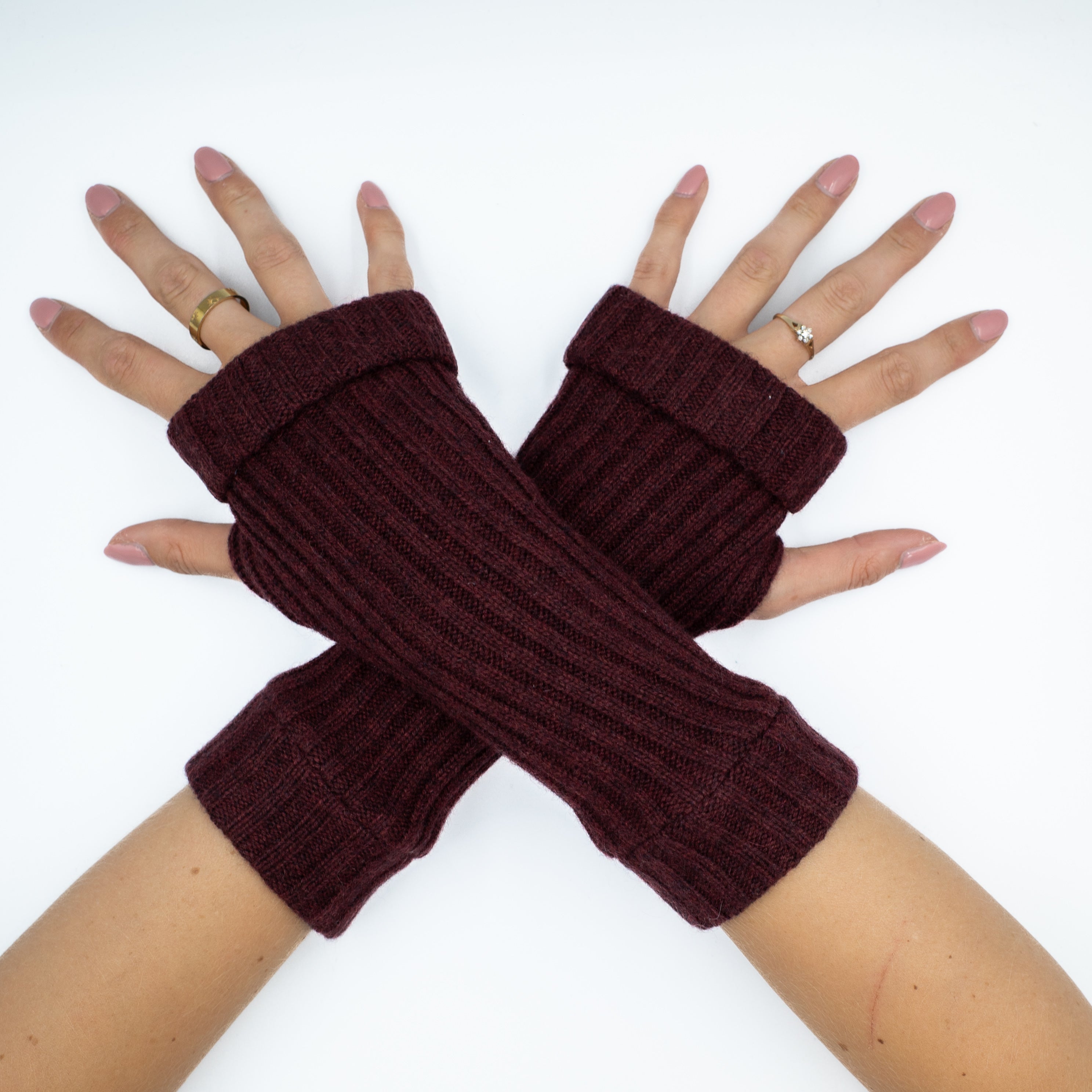 Maroon Rib Knit Hemmed Fingerless Gloves