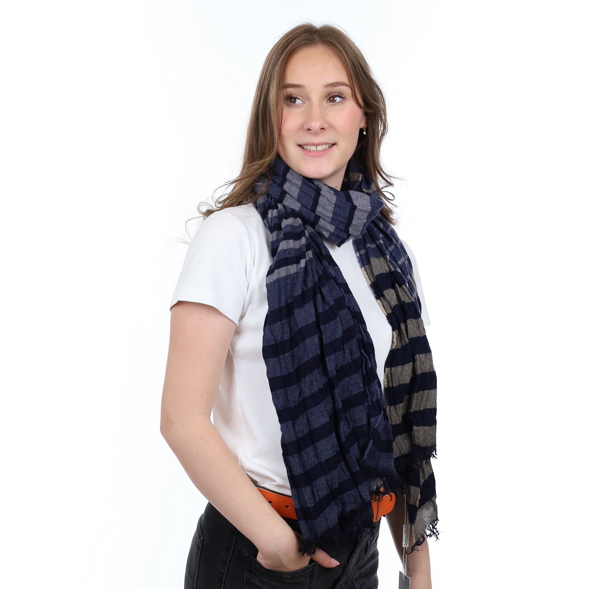 Brand New British Midnight Blue and Sand Luxury Woven Cashmere Crinkle Wrap