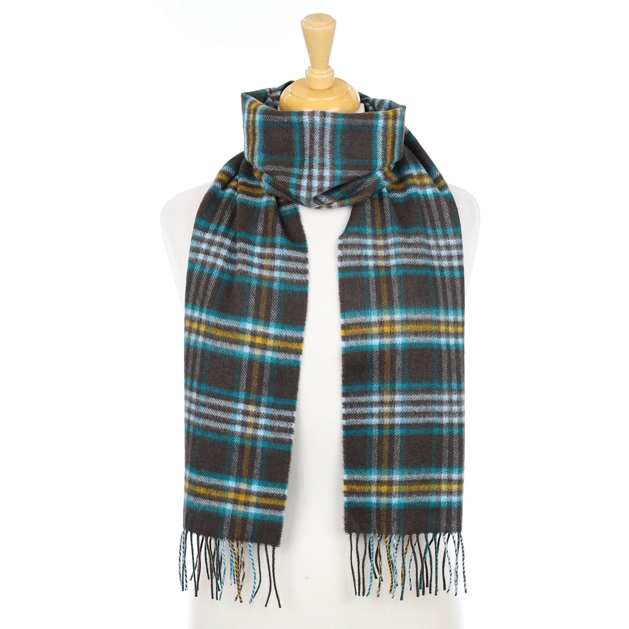 Brand New Scottish Chocolate Brown and Teal Checked Cashmere Scarf