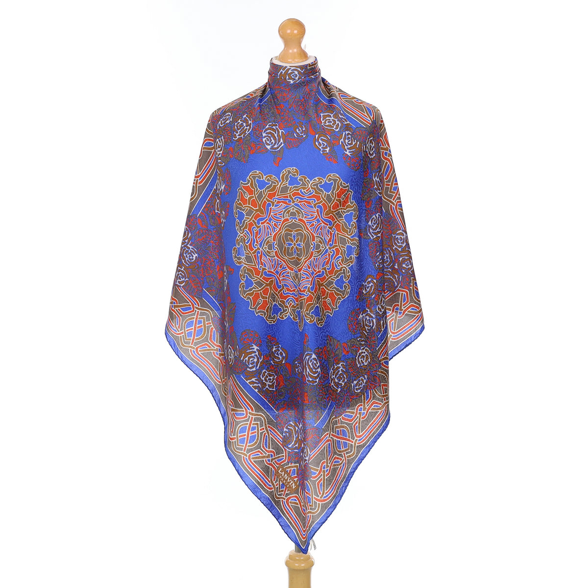 Lanvin Royal Blue And Red Rose Vintage Silk Scarf