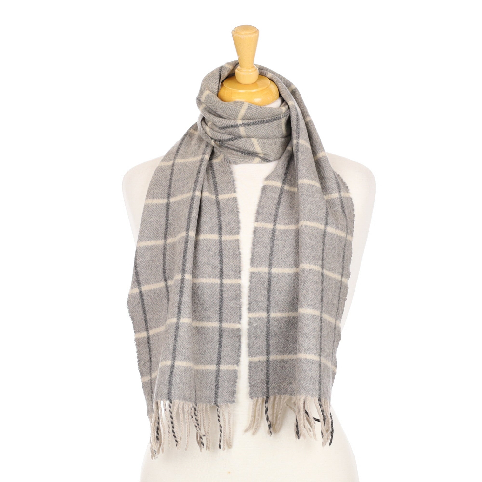 Grey and Cream Checked Cashmere Woven Scarf