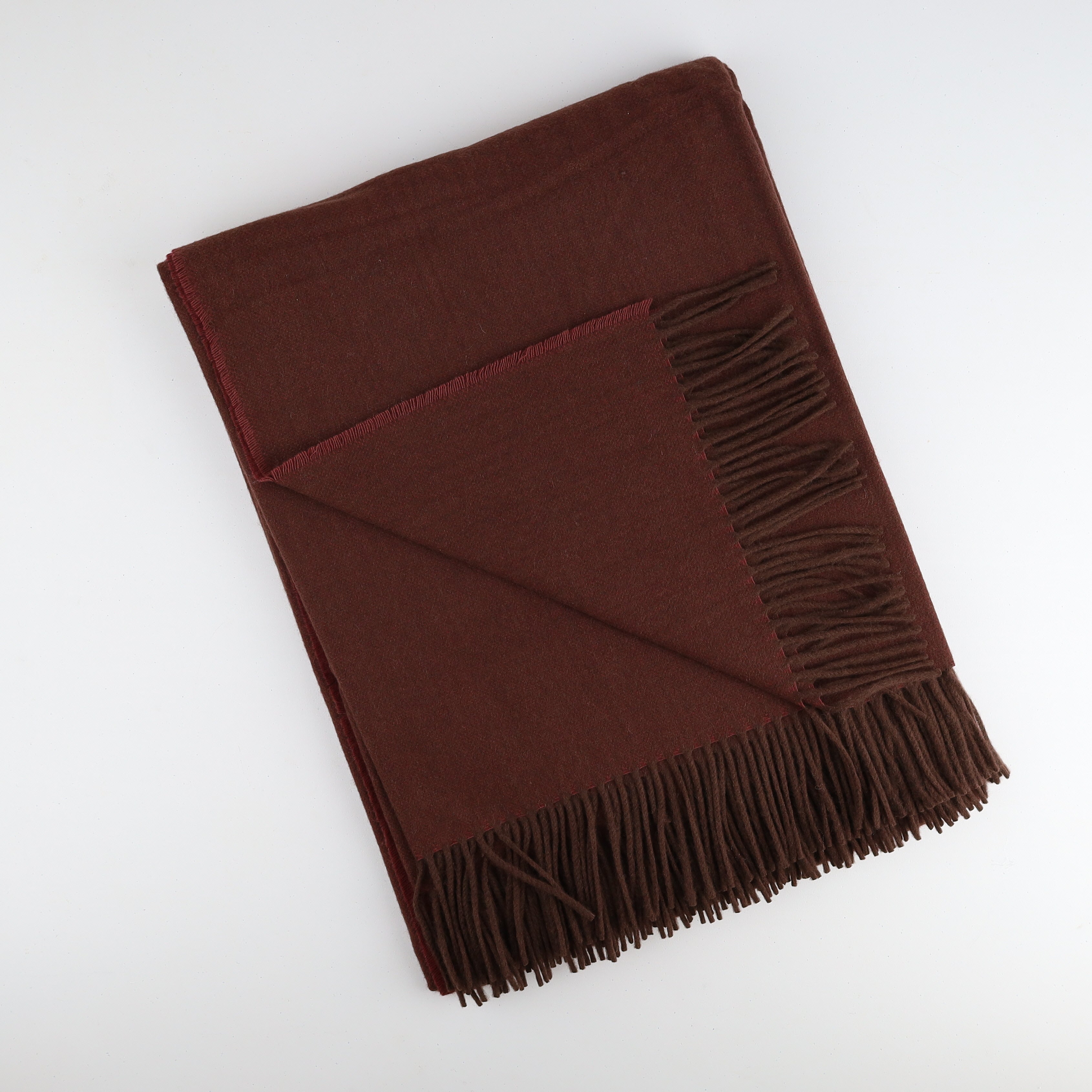 Brand New English Wine Red and Chocolate Brown Marl Luxury Woven Cashmere Blanket