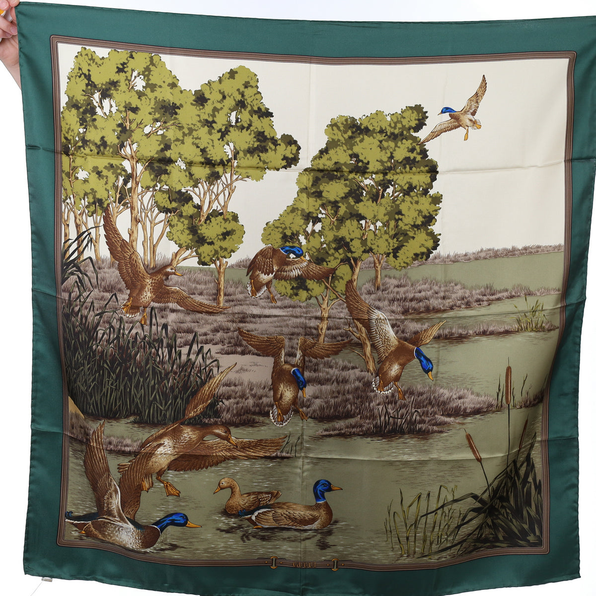 Brand New Gucci Duck Pond Design Vintage Silk Scarf
