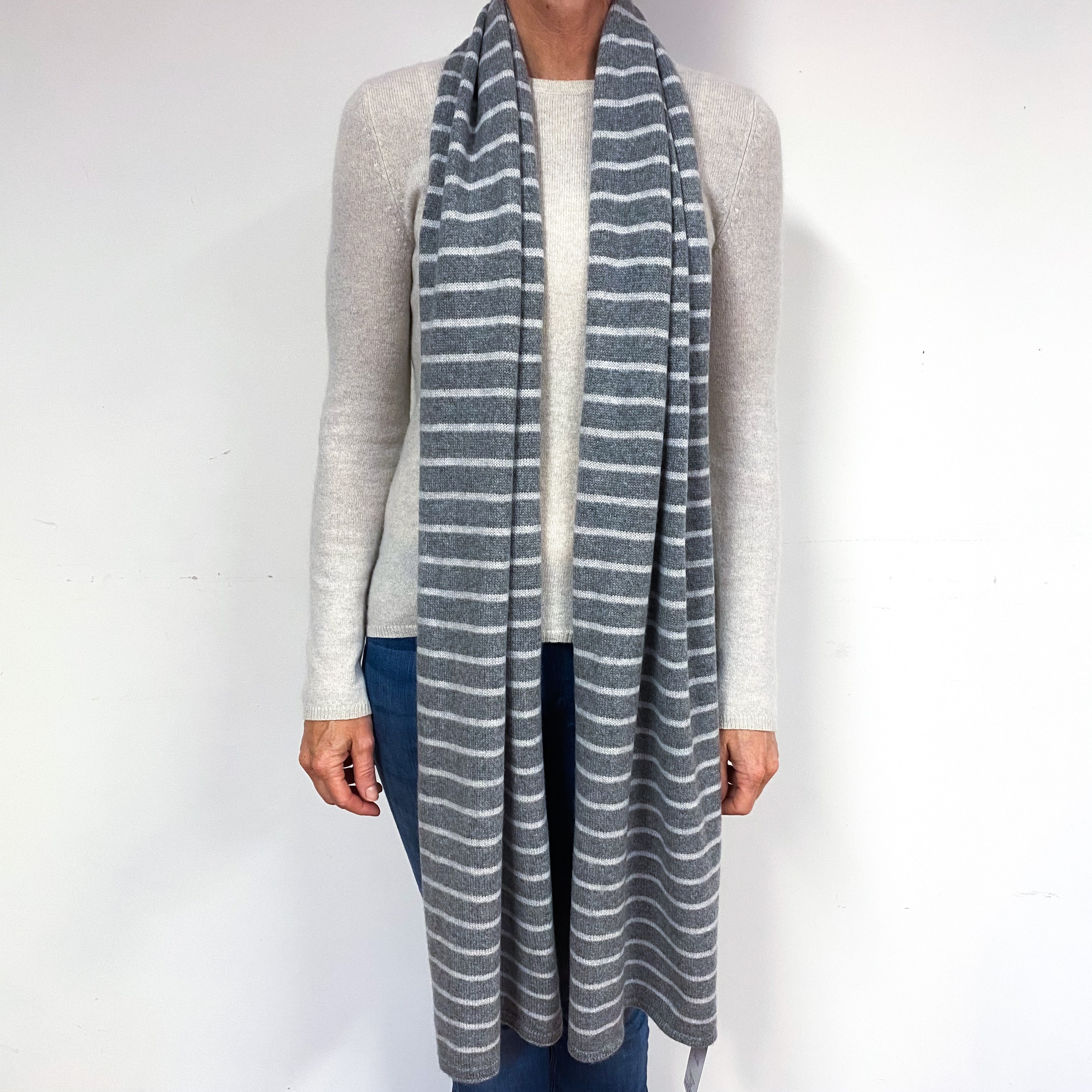 Ash Grey Striped Long Cashmere Scarf