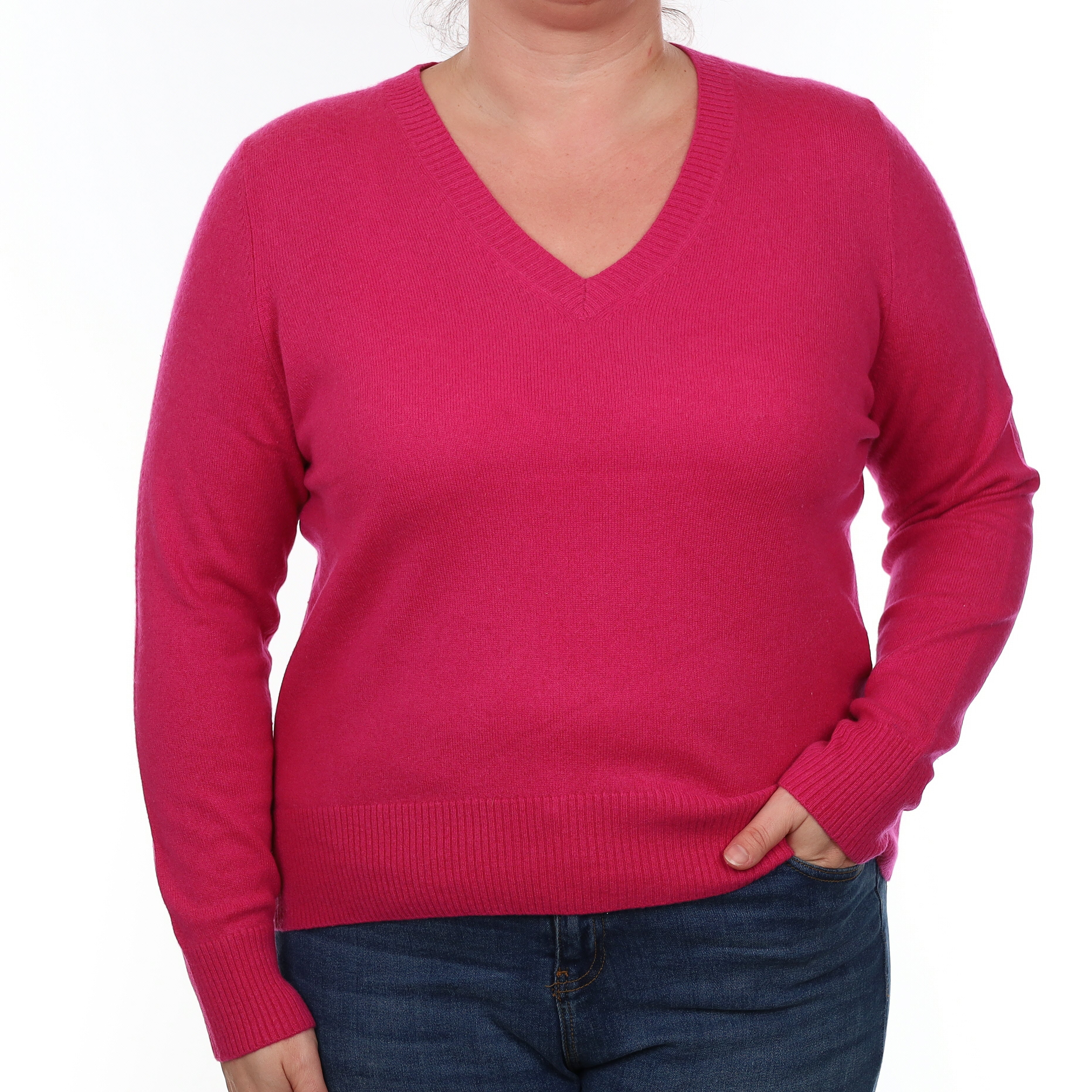 Fuchsia Pink Cashmere V Neck Jumper Large