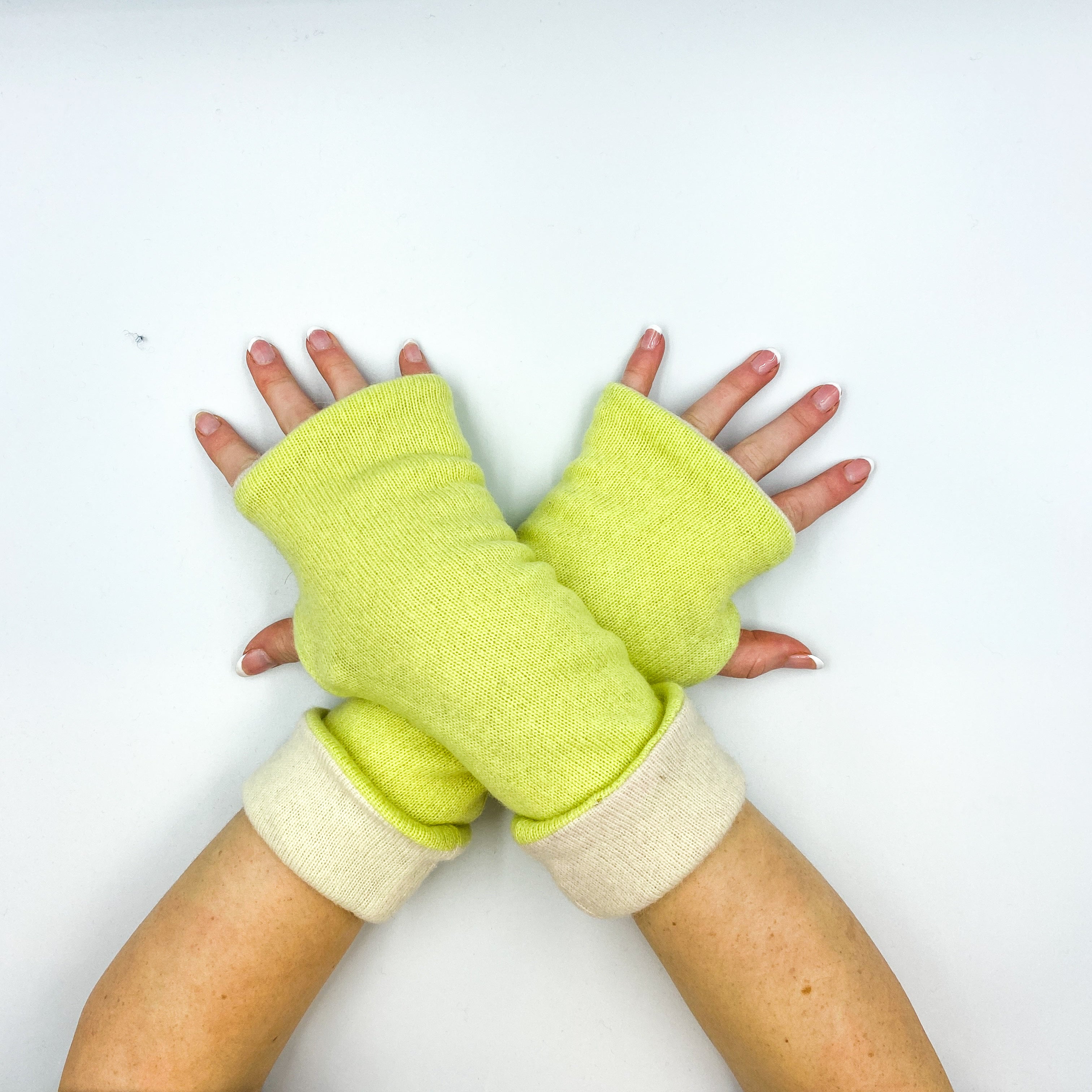 Chartreuse and Ivory Reversible Cashmere Fingerless Gloves
