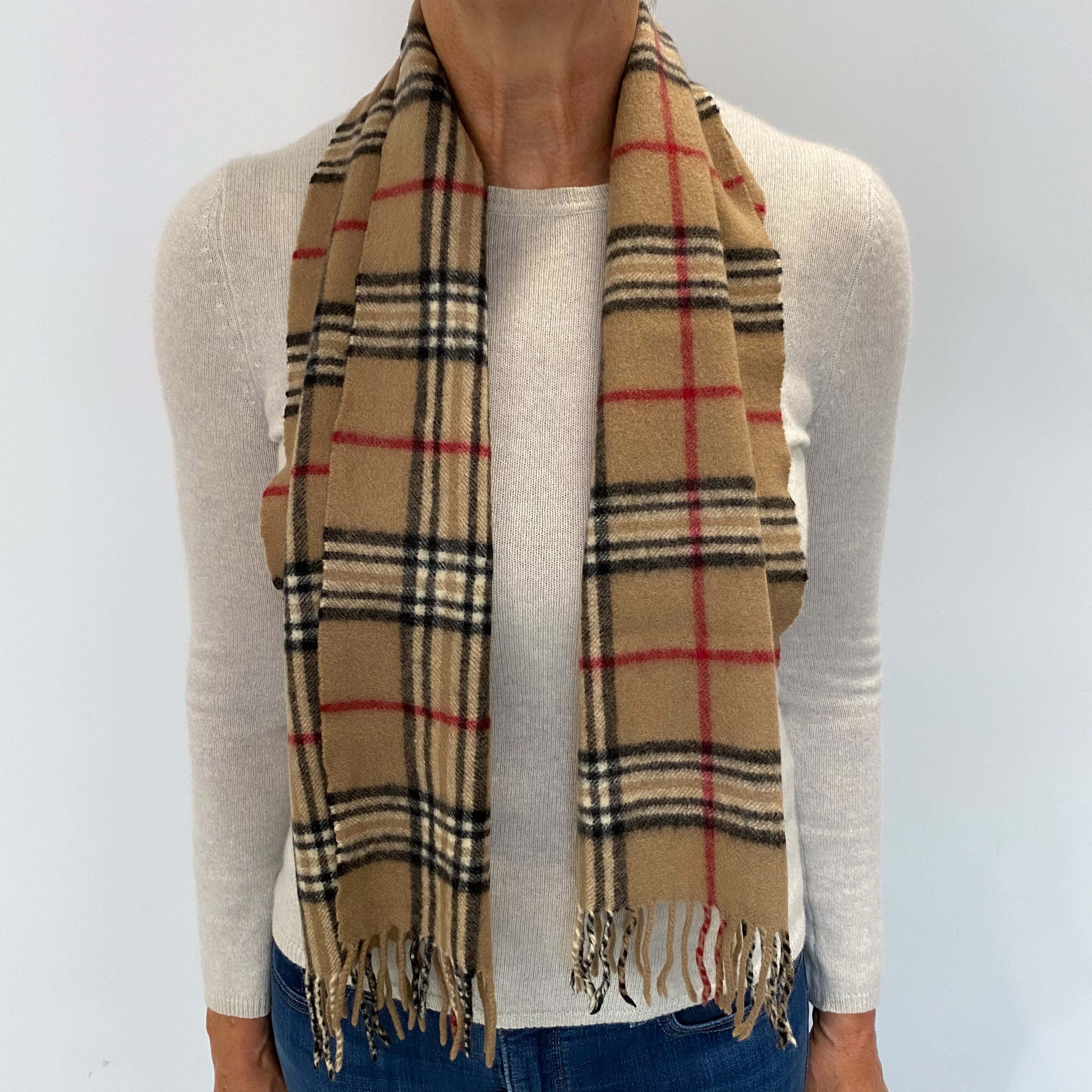 Camel Black and Red Checked Checked Cashmere Woven Fringed Scarf