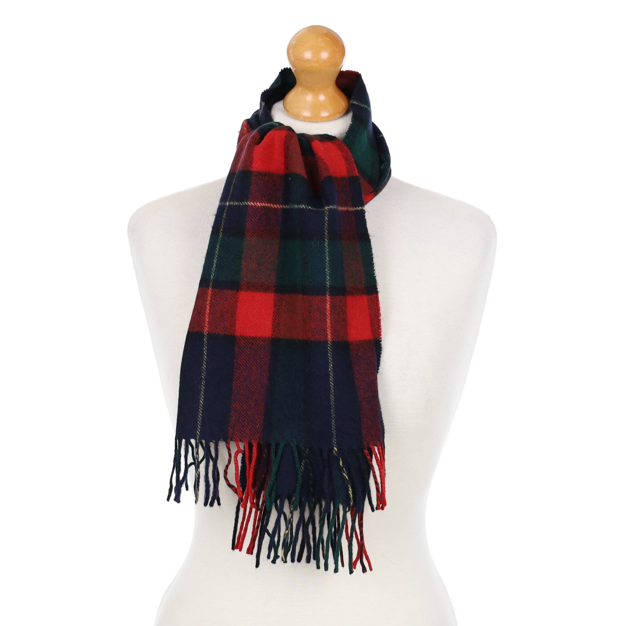 Navy and Red Check Cashmere Fringed Woven Scarf