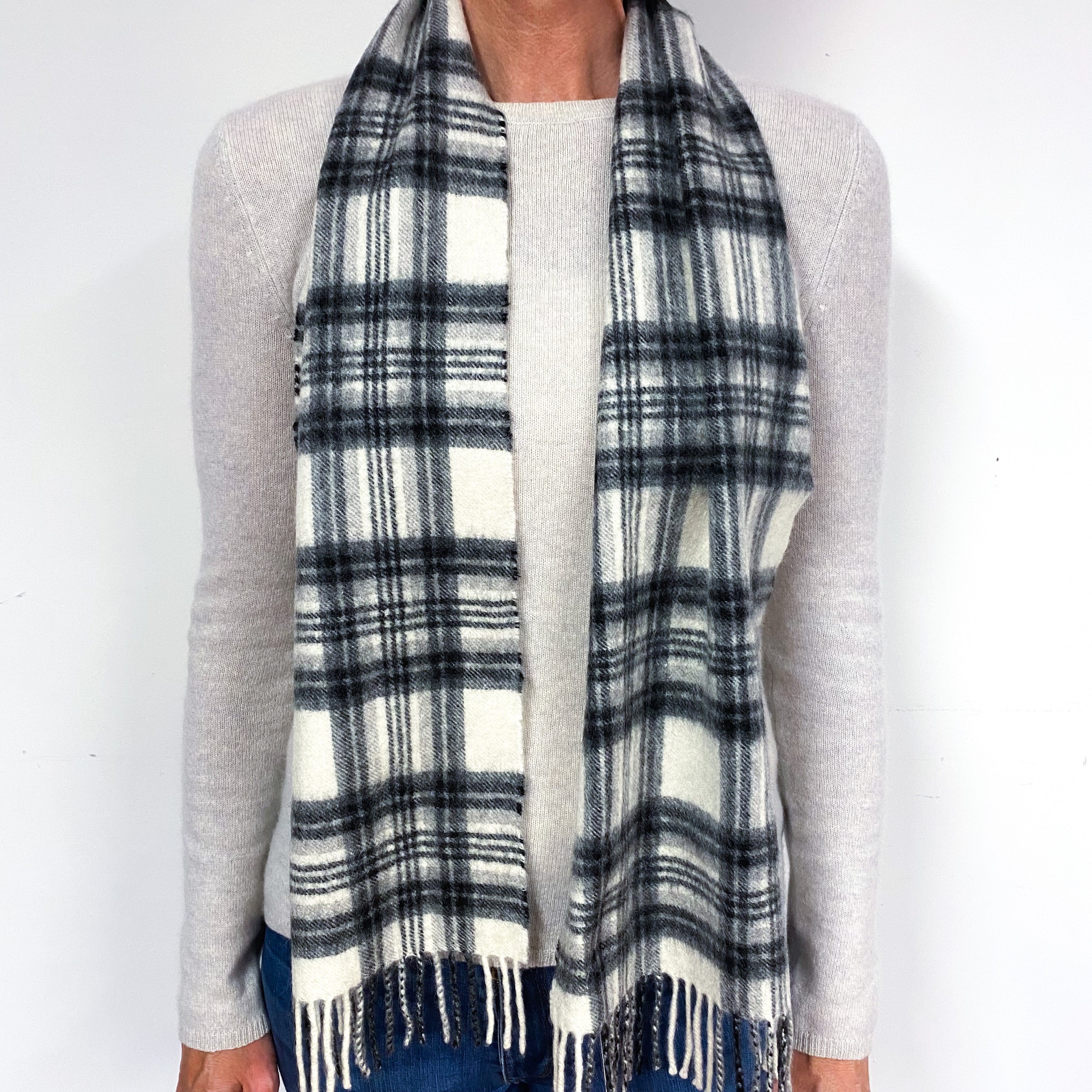 Charcoal and Cream Tartan Fringed Cashmere Woven Scarf