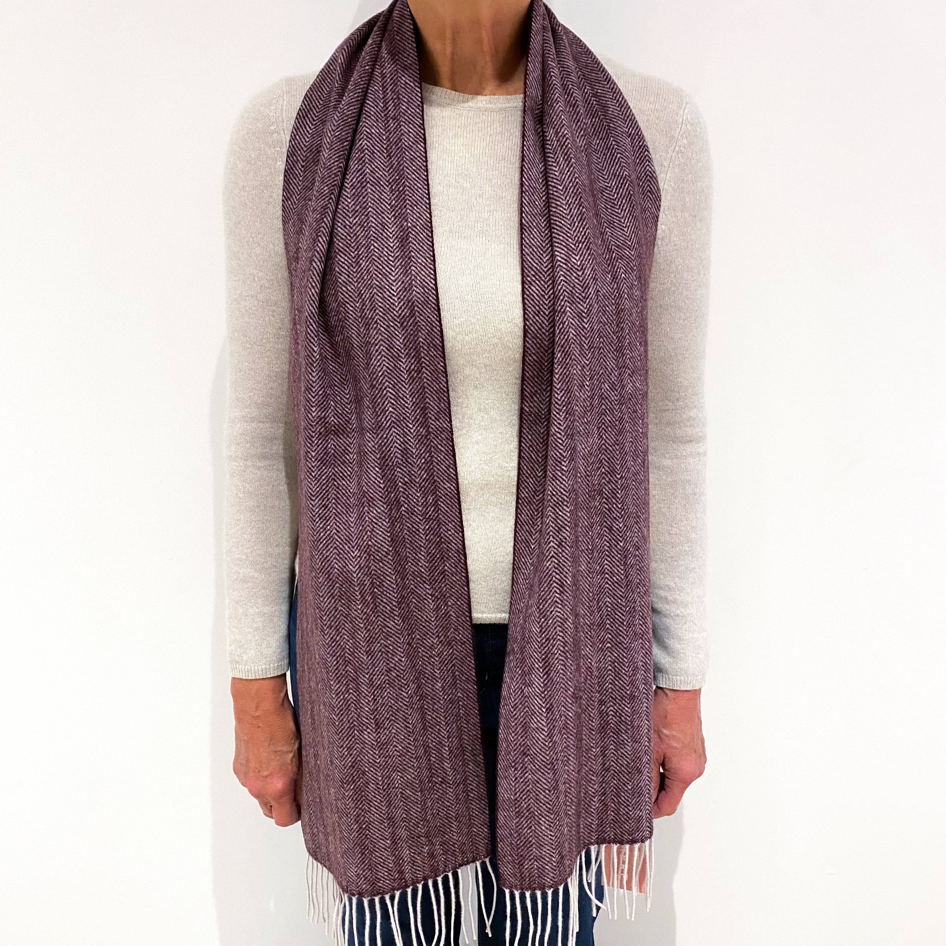 Blueberry Purple Herringbone Cashmere Fringed Woven Scarf