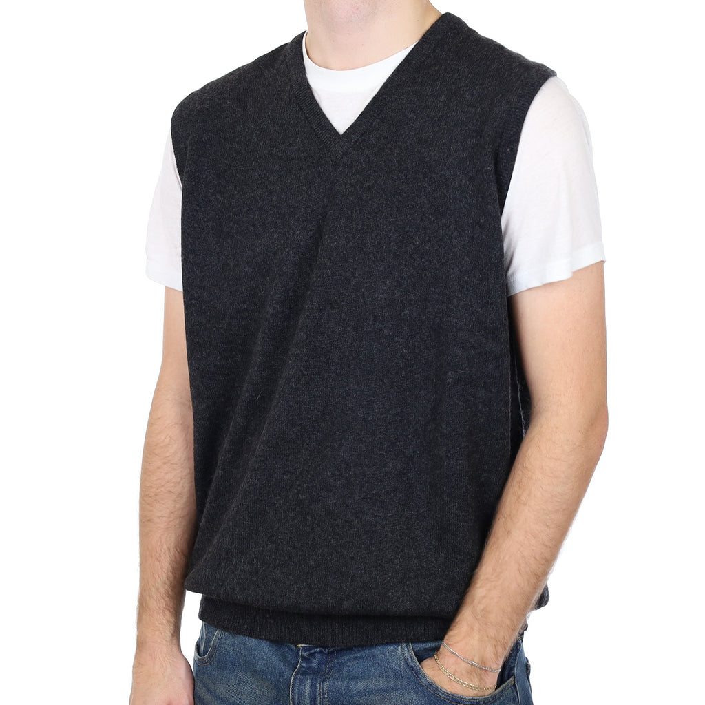 Men’s Scottish Charcoal Grey Cashmere V Neck Tank Top Large