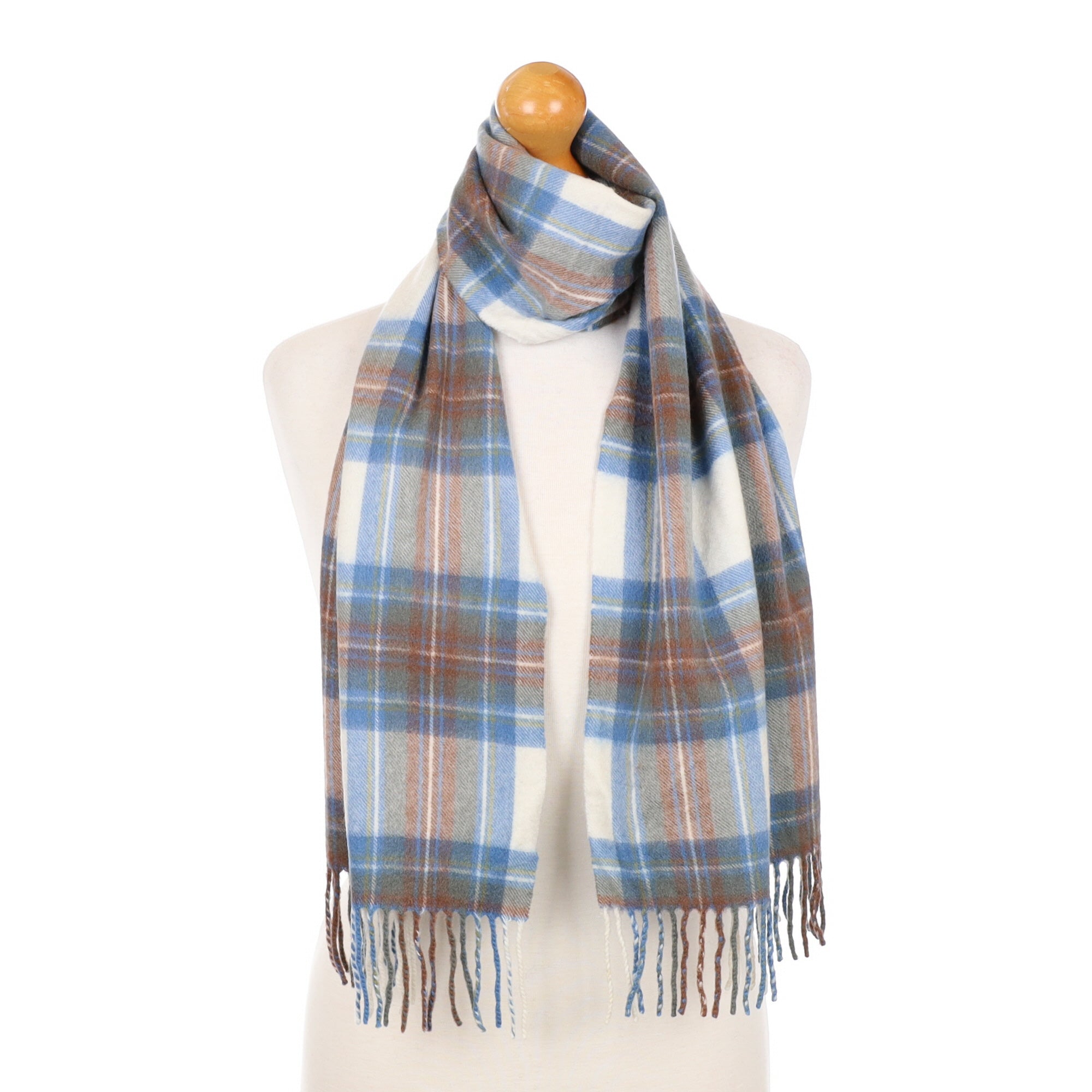 Scottish Blue and Cream Tartan Cashmere Fringed Woven Scarf