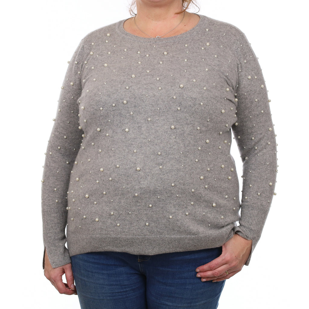 Smoke Grey Pearl Embellished Cashmere Crew Neck Jumper Extra Large