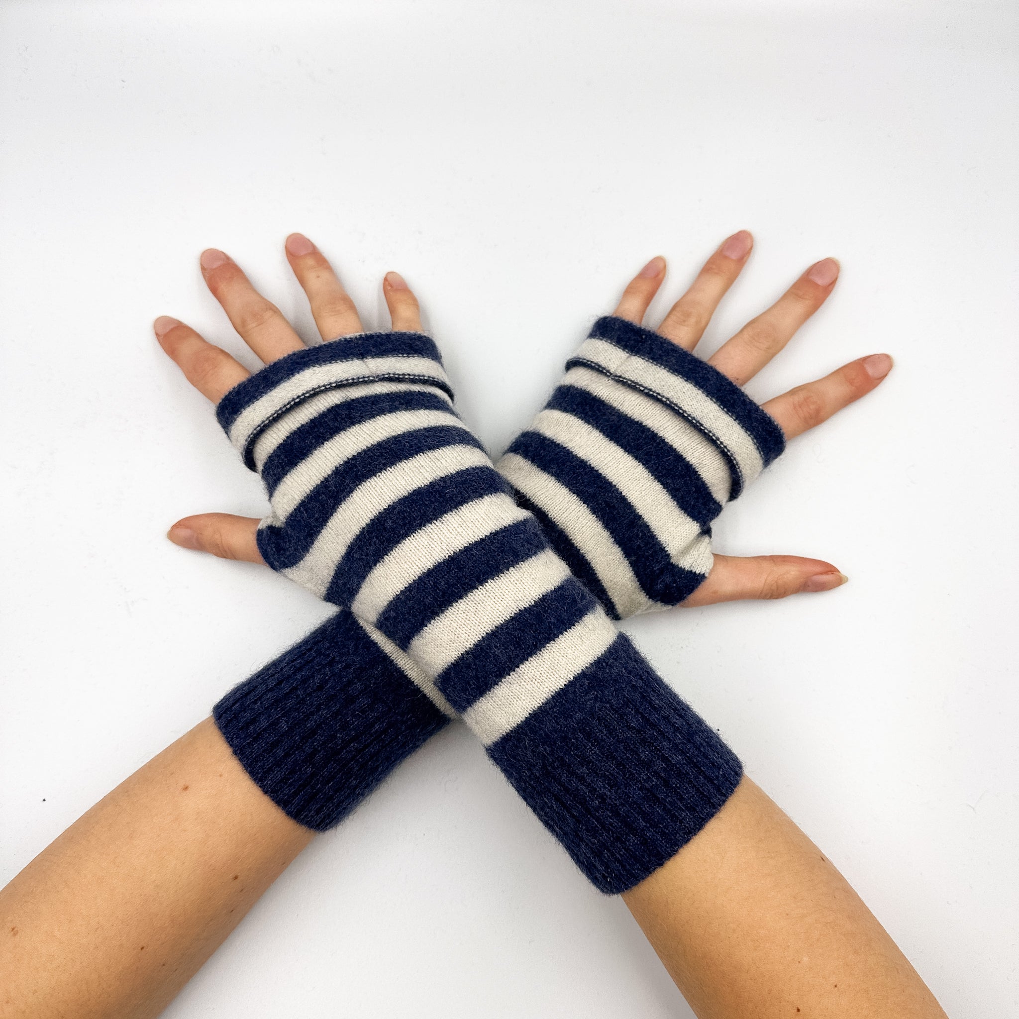 Cream and Denim Stripe Fingerless Gloves