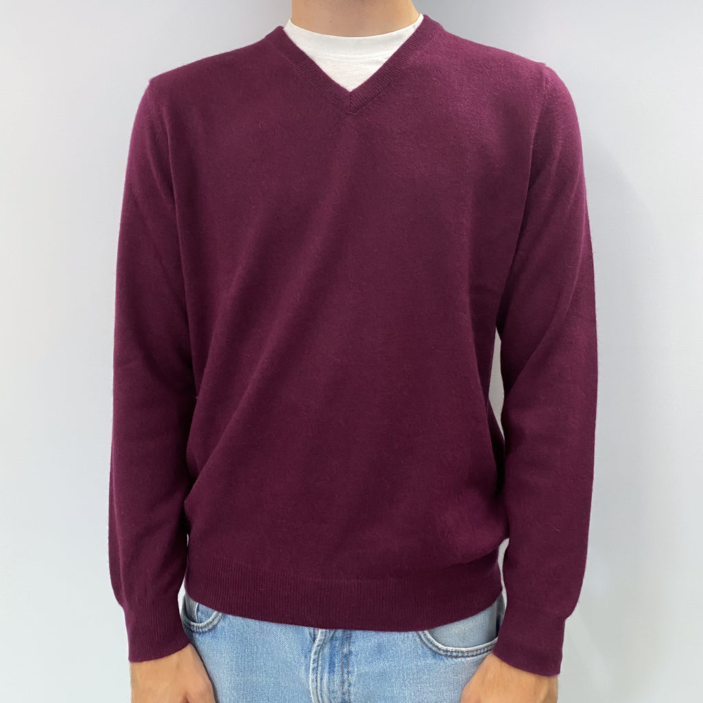 Men's Fig Purple Cashmere V Neck Jumper Large